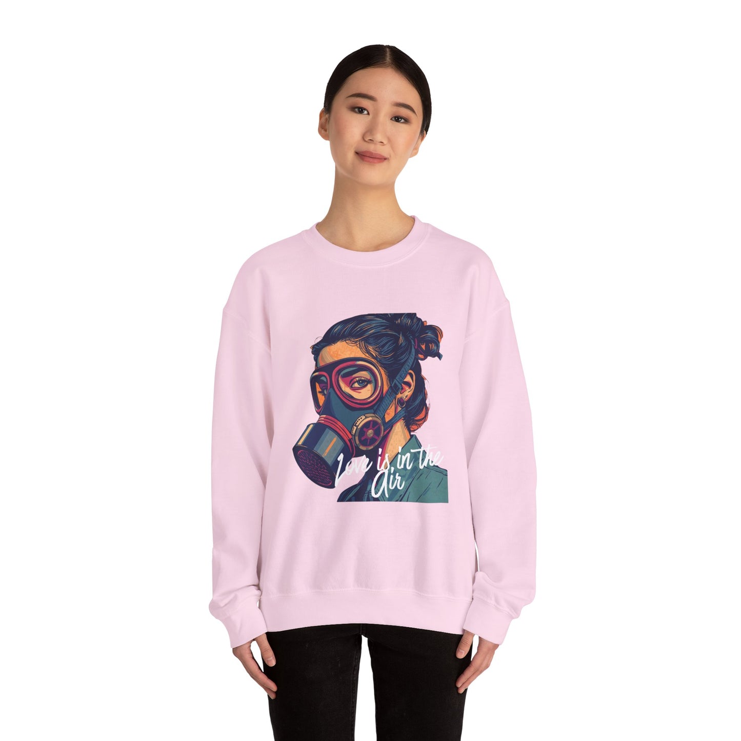 Gas Mask Portrait Sweatshirt — "Love Is in the Air" Graphic