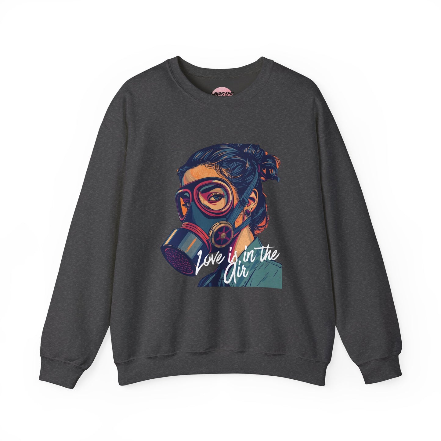 Gas Mask Portrait Sweatshirt — "Love Is in the Air" Graphic