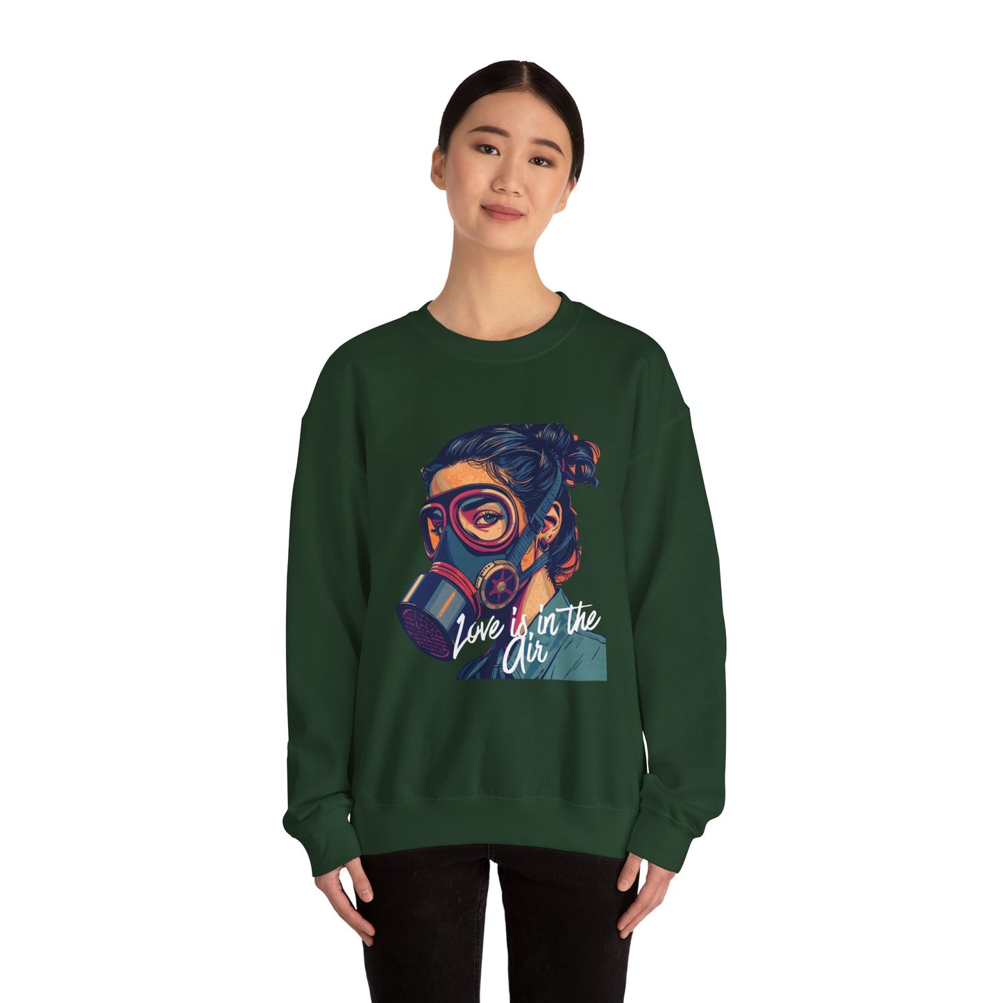 Gas Mask Portrait Sweatshirt — "Love Is in the Air" Graphic