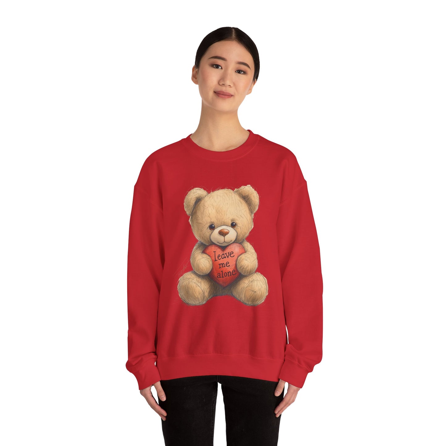 Crewneck Sweatshirt — Retro Teddy Holding 'Leave Me Alone' Heart