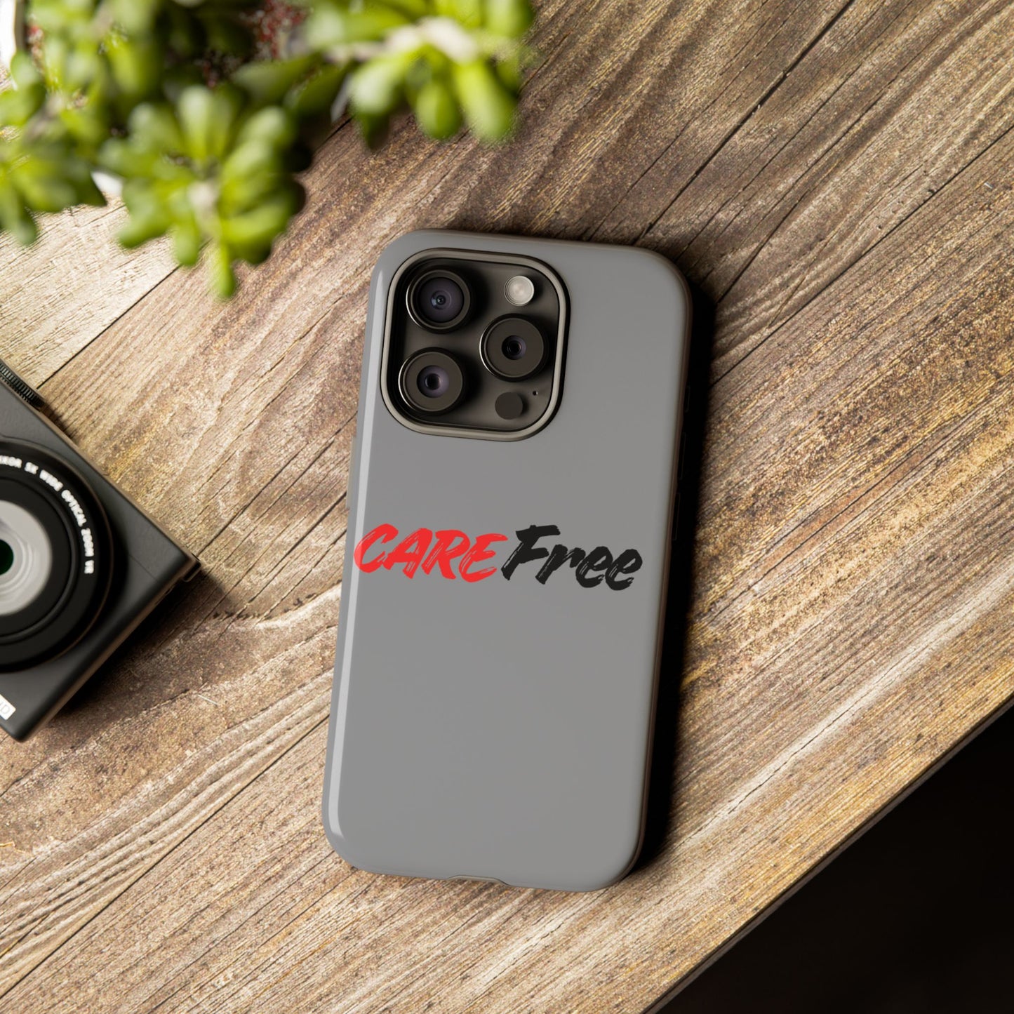 CareFree Tough Phone Case — Slim Protective iPhone Cover with Bold Red & Black Script