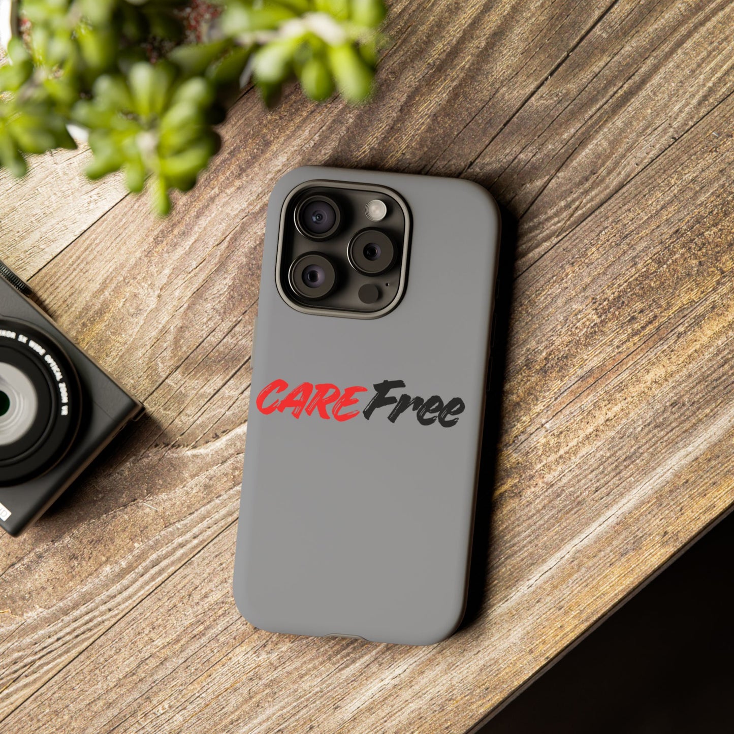 CareFree Tough Phone Case — Slim Protective iPhone Cover with Bold Red & Black Script