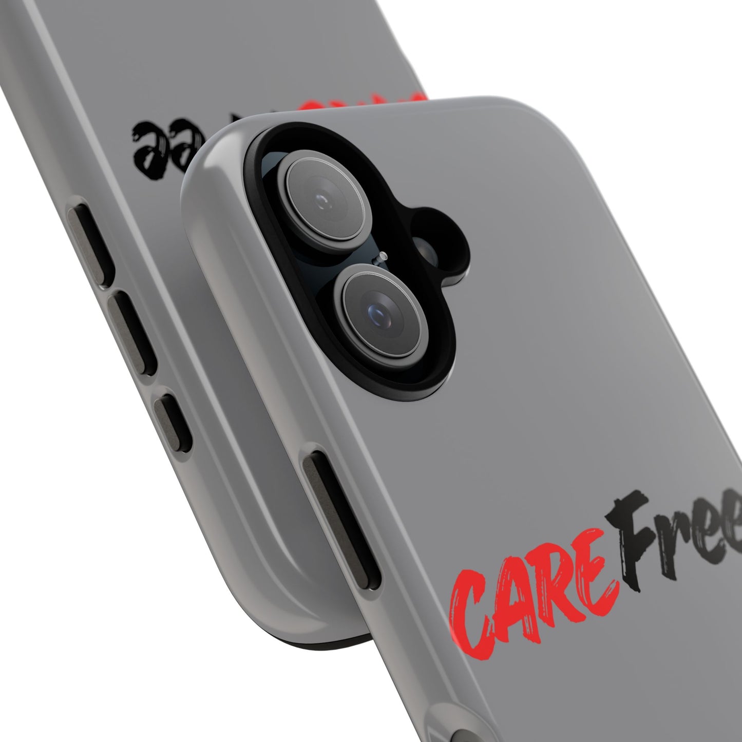 CareFree Tough Phone Case — Slim Protective iPhone Cover with Bold Red & Black Script