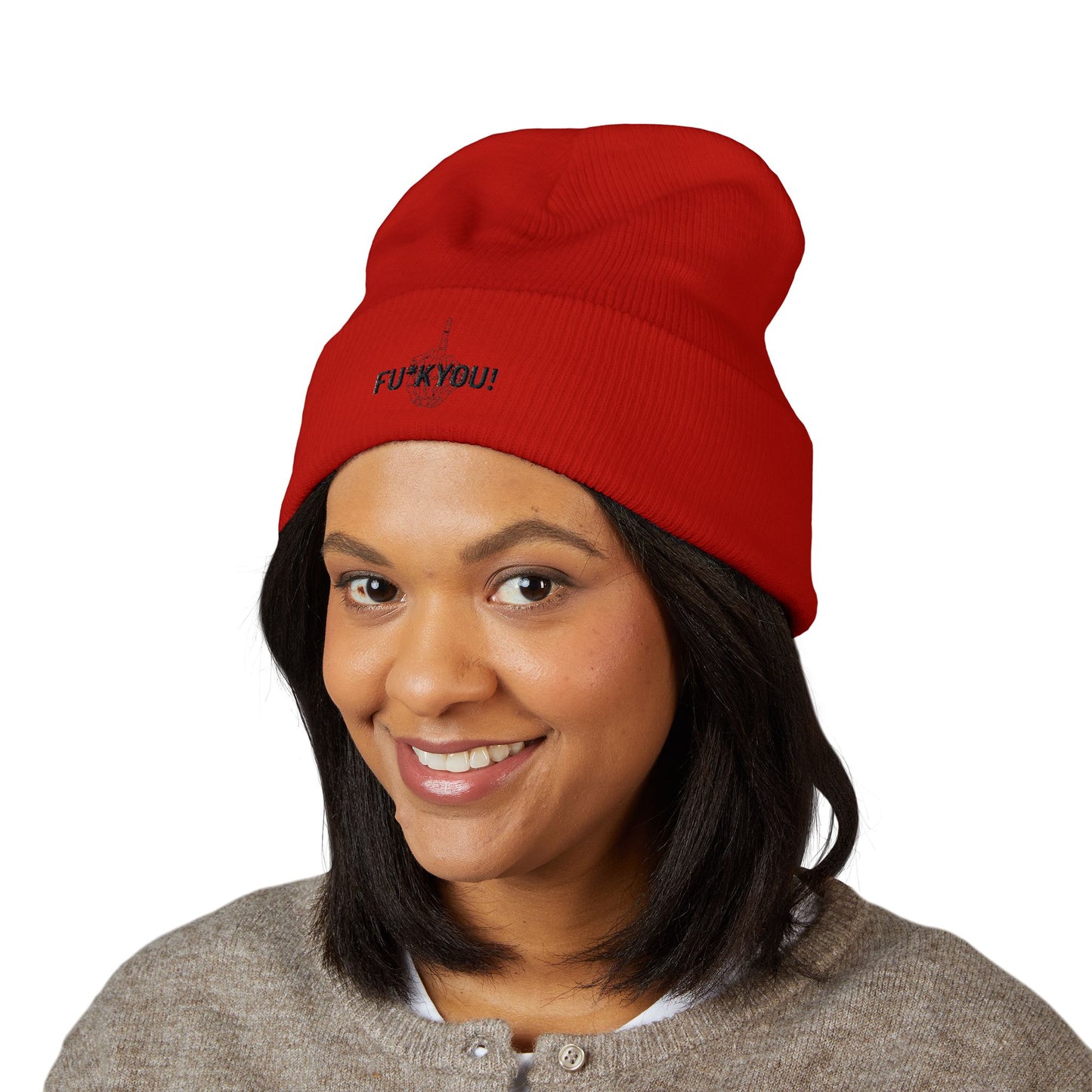 Embroidered 'FU* YOU' Cuffed Beanie — Classic Knit Winter Hat