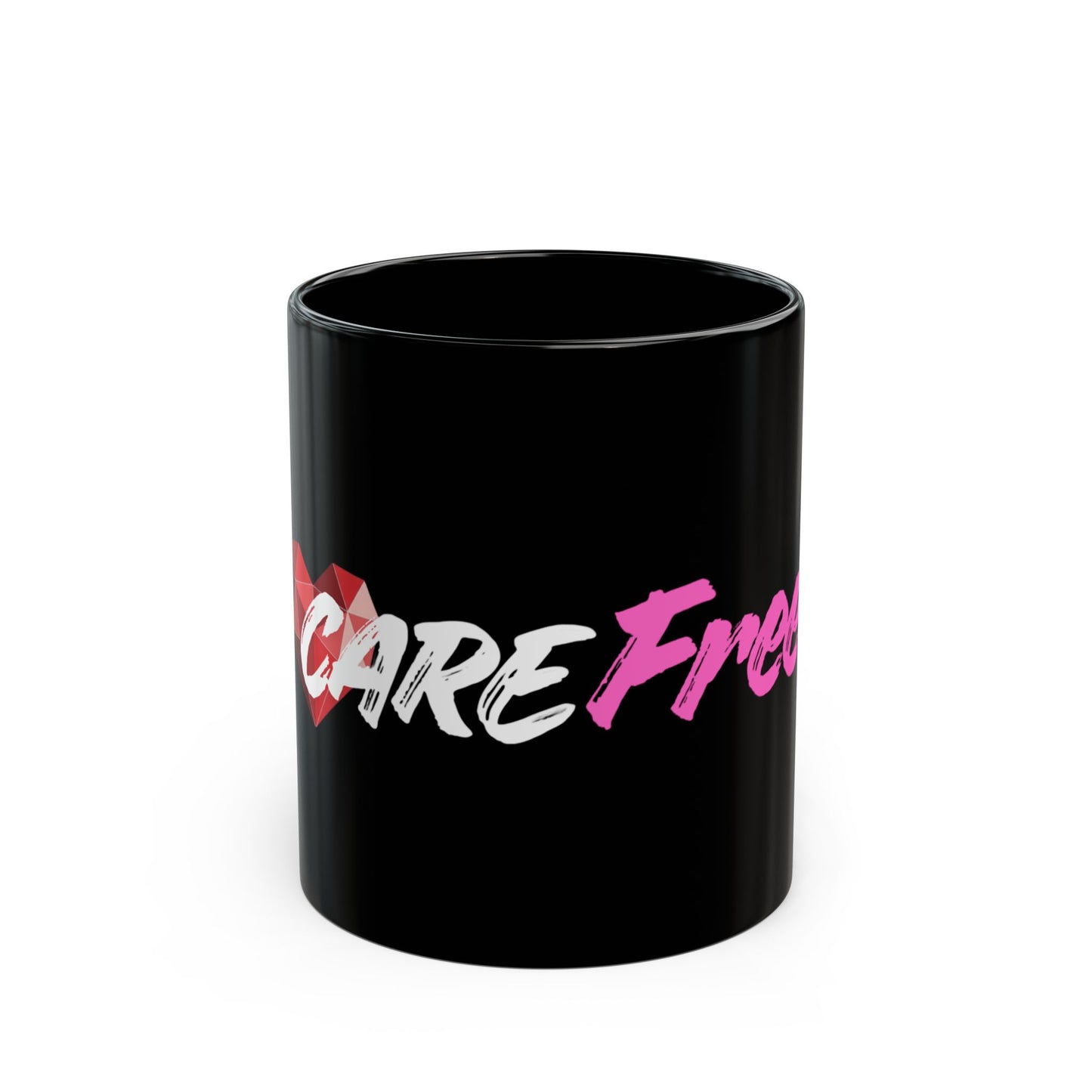 Care Free Black Mug — Retro Script Pink & White Design (11oz/15oz)