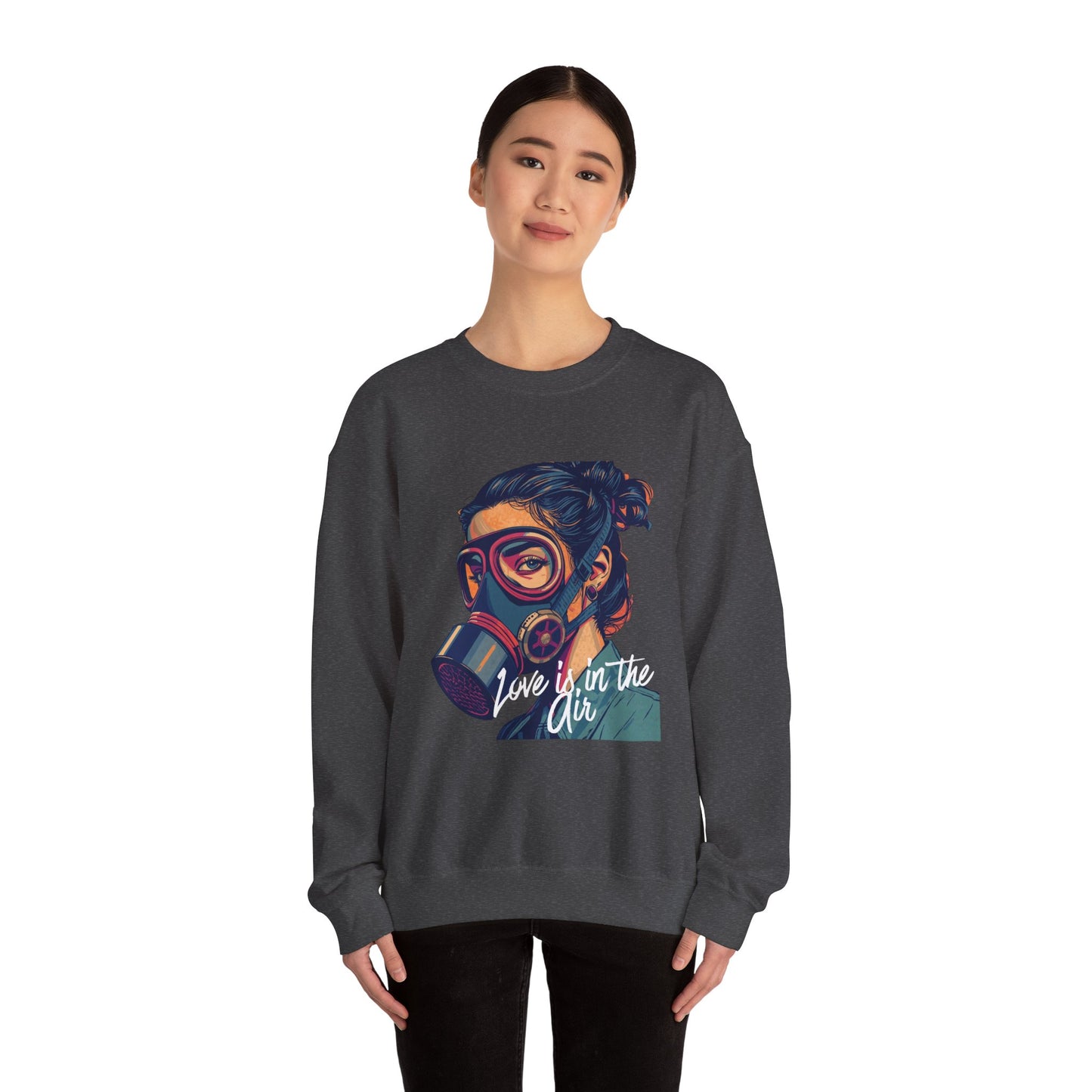 Gas Mask Portrait Sweatshirt — "Love Is in the Air" Graphic