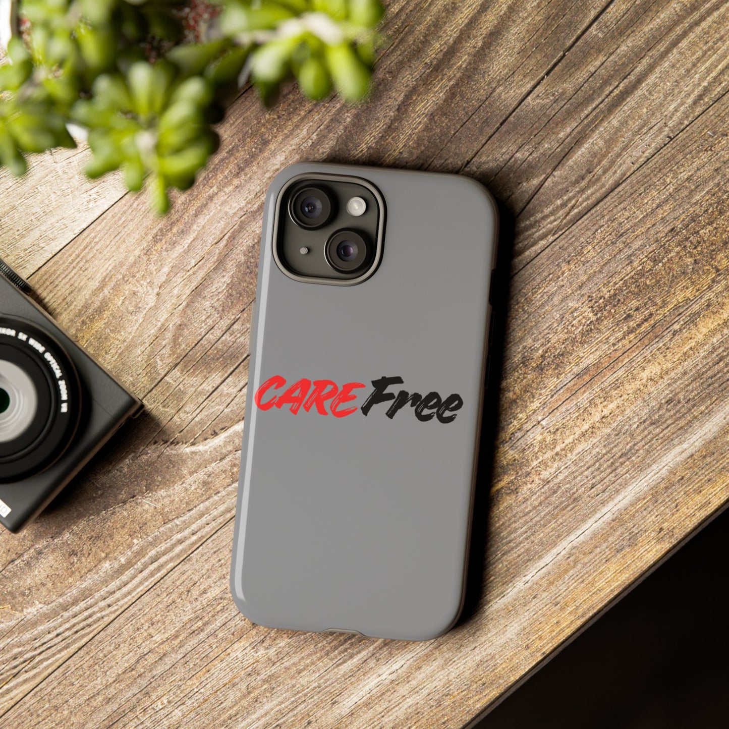 CareFree Tough Phone Case — Slim Protective iPhone Cover with Bold Red & Black Script
