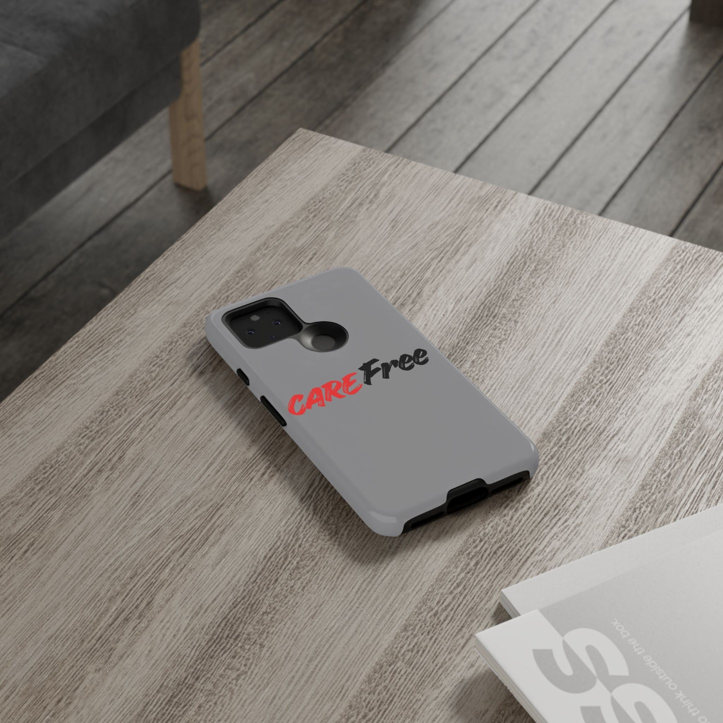 CareFree Tough Phone Case — Slim Protective iPhone Cover with Bold Red & Black Script