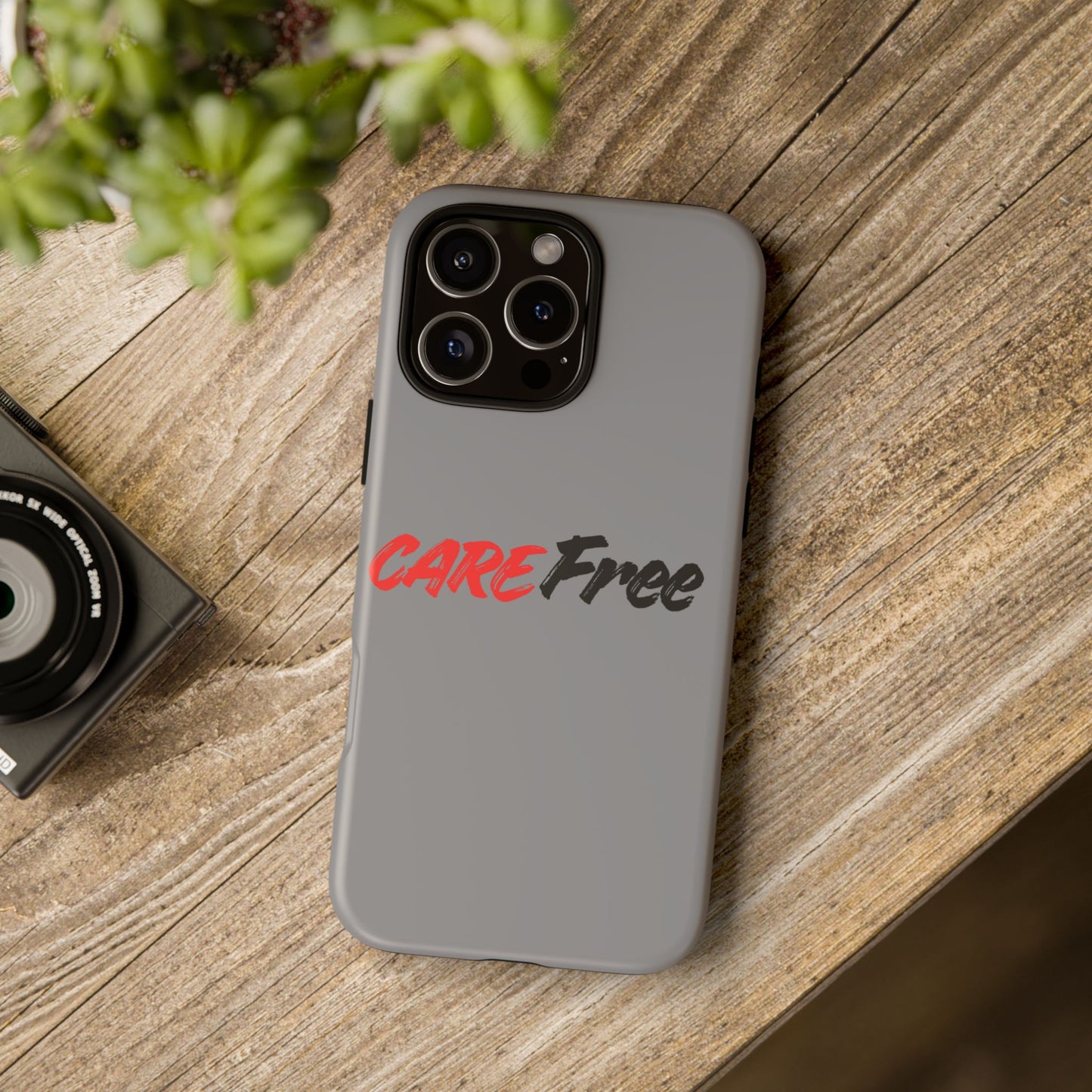 CareFree Tough Phone Case — Slim Protective iPhone Cover with Bold Red & Black Script
