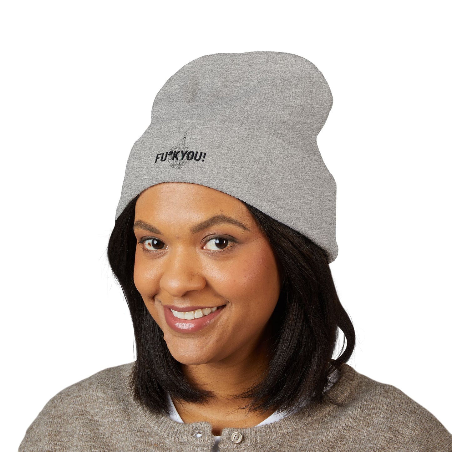 Embroidered 'FU* YOU' Cuffed Beanie — Classic Knit Winter Hat