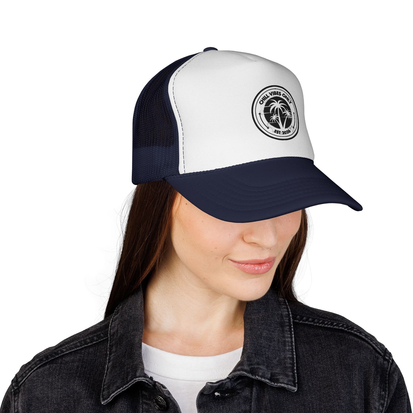 Palm Vibes Only Trucker Cap — Retro Beach Palm Tree Logo Hat