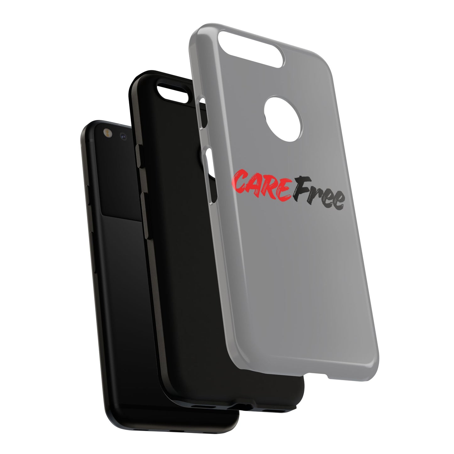 CareFree Tough Phone Case — Slim Protective iPhone Cover with Bold Red & Black Script