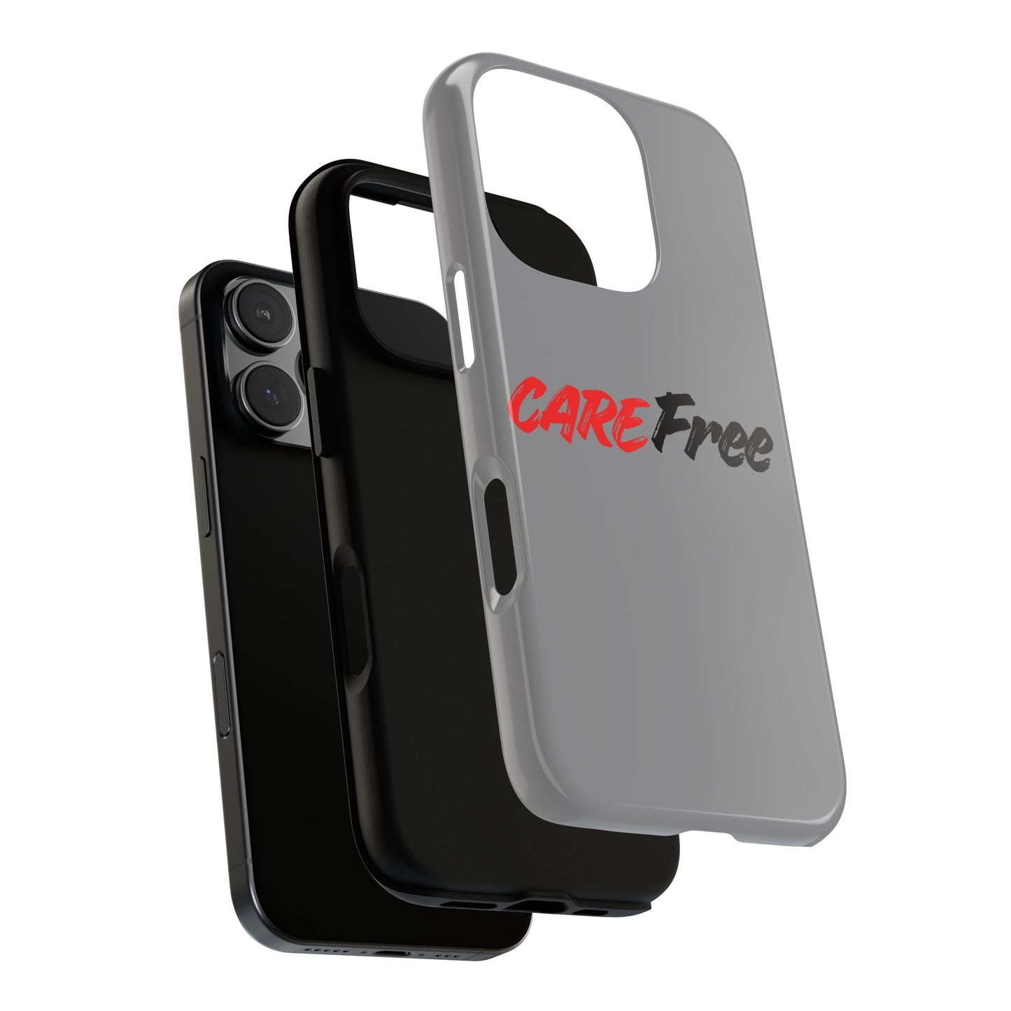 CareFree Tough Phone Case — Slim Protective iPhone Cover with Bold Red & Black Script