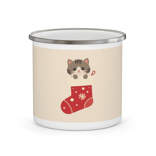 Cute Kitten in Christmas Stocking Enamel Camping Mug