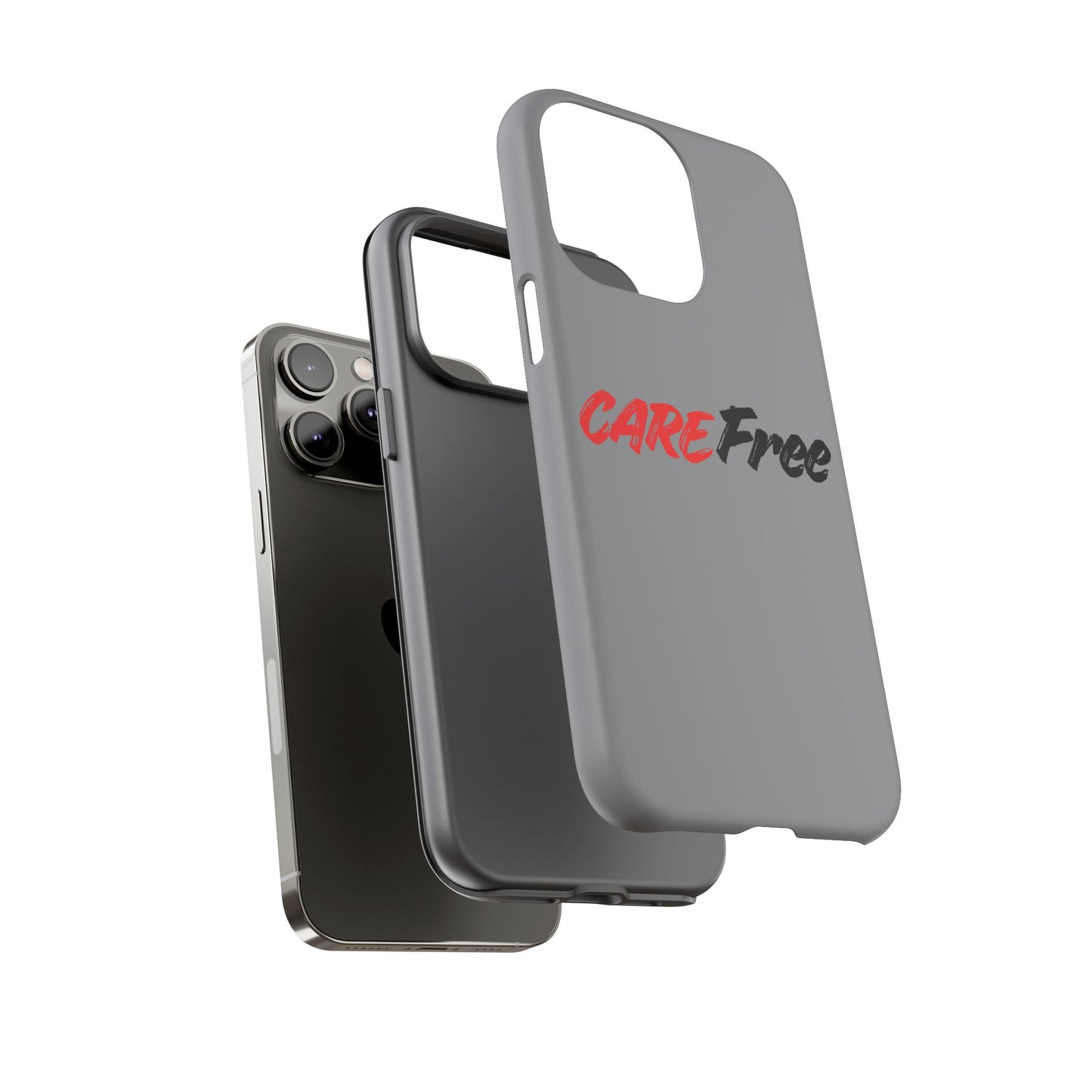 CareFree Tough Phone Case — Slim Protective iPhone Cover with Bold Red & Black Script