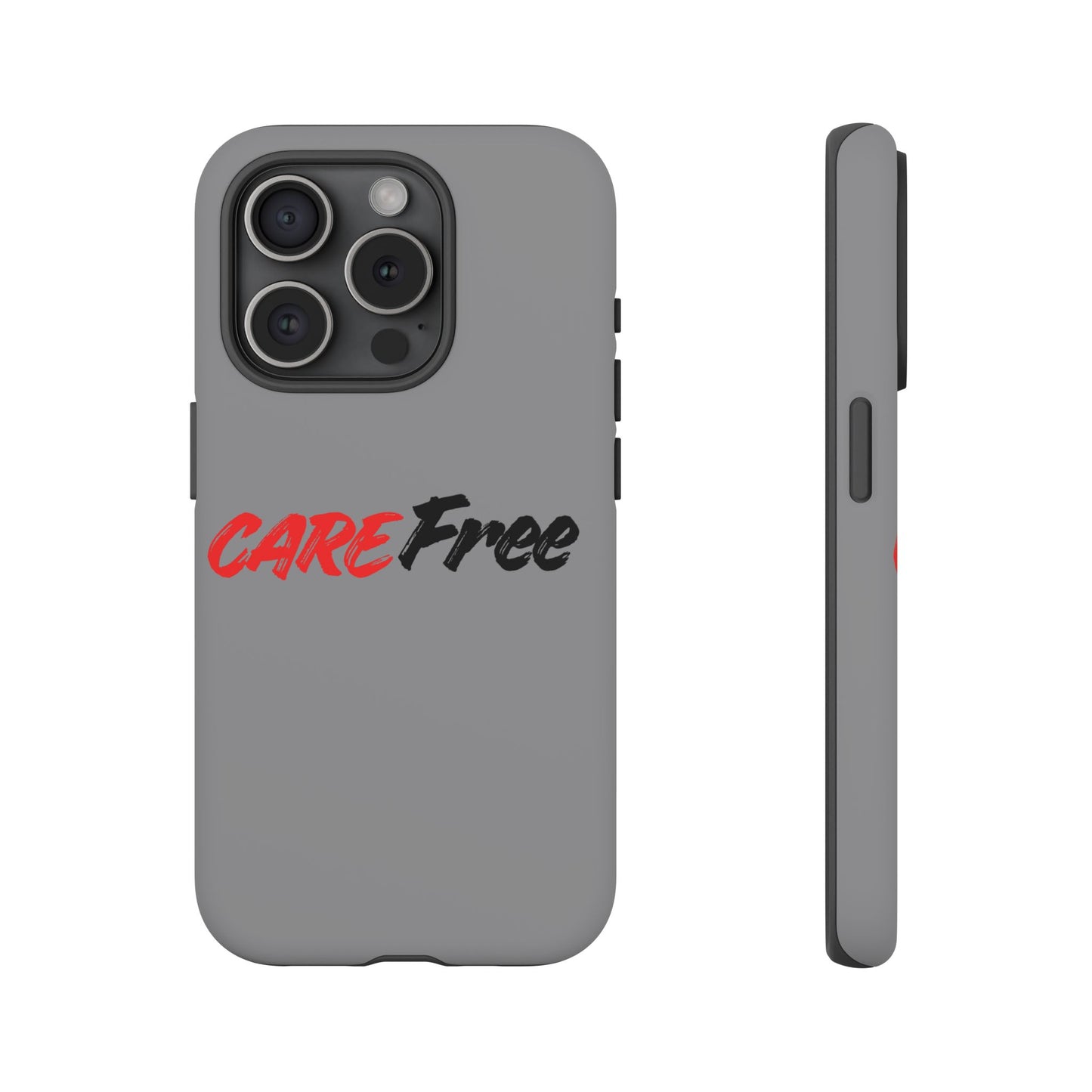 CareFree Tough Phone Case — Slim Protective iPhone Cover with Bold Red & Black Script