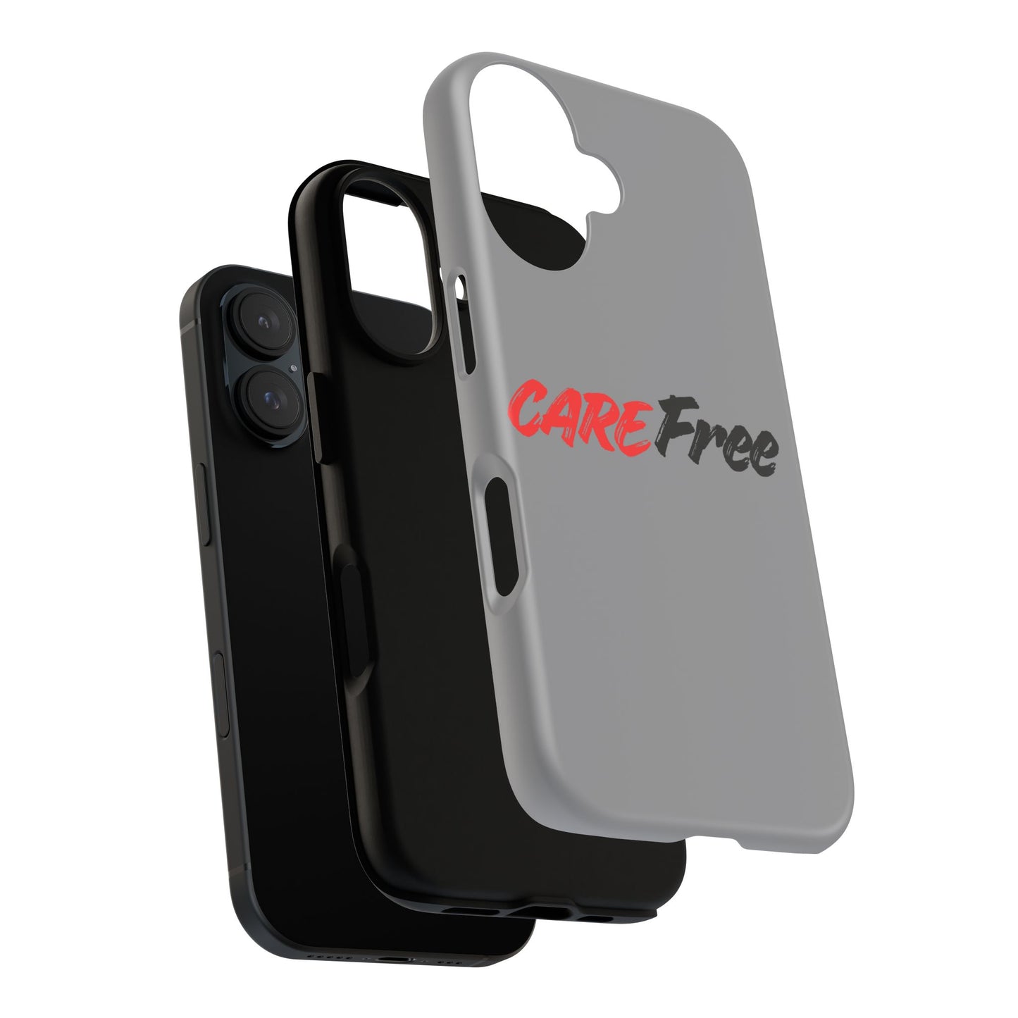 CareFree Tough Phone Case — Slim Protective iPhone Cover with Bold Red & Black Script