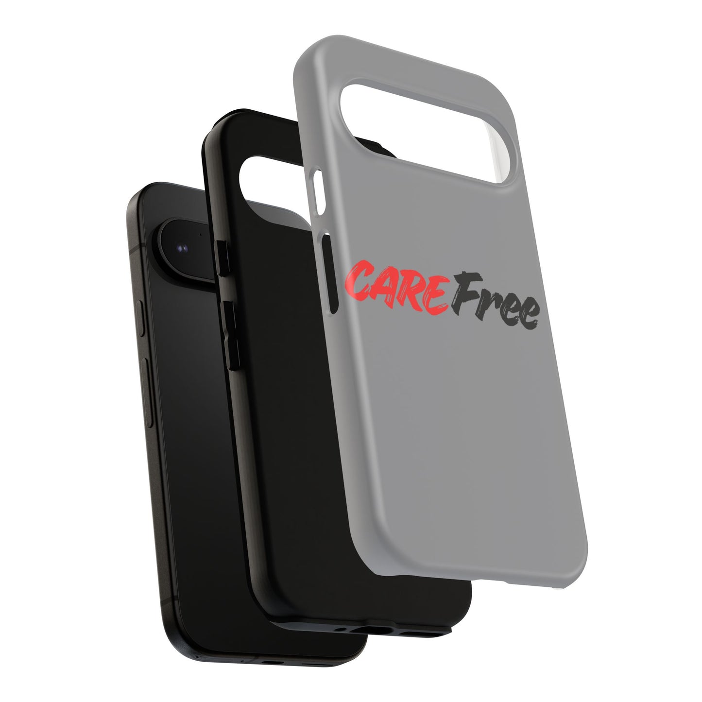 CareFree Tough Phone Case — Slim Protective iPhone Cover with Bold Red & Black Script