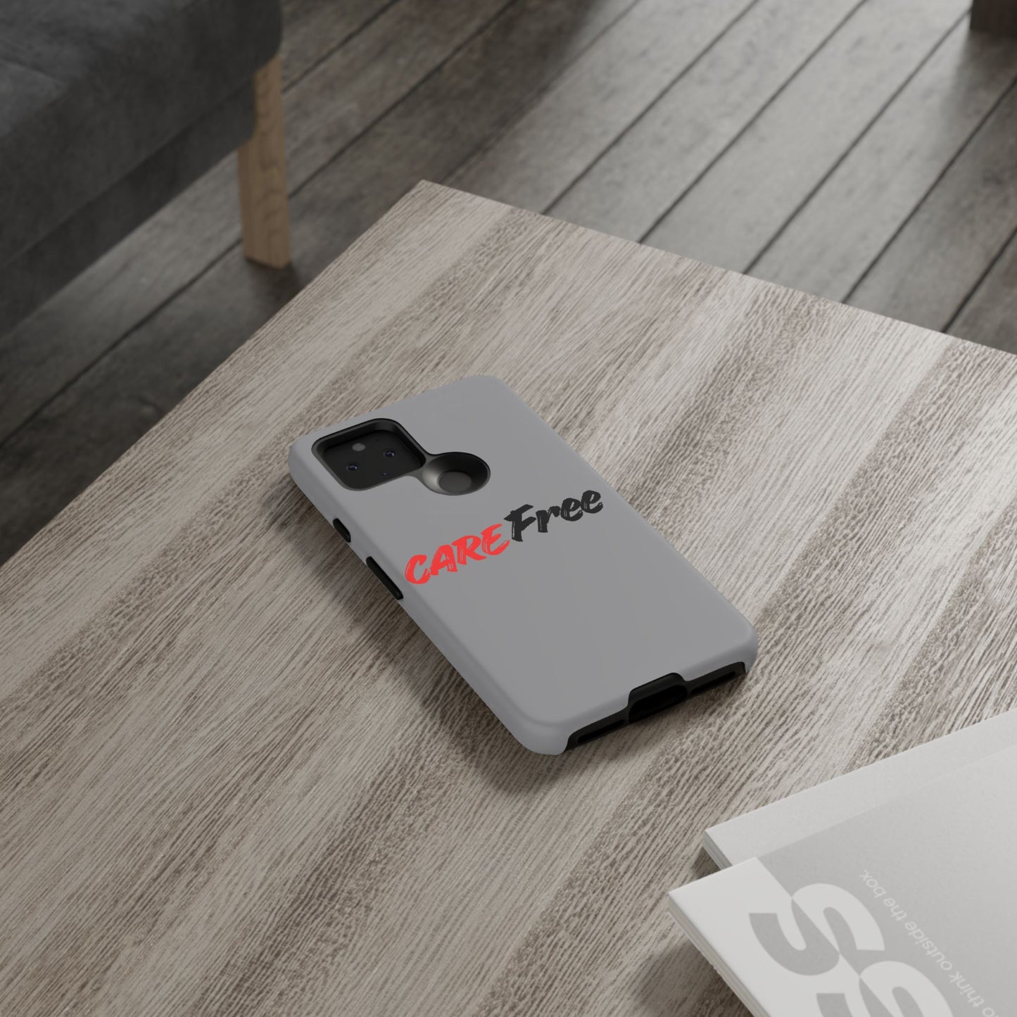 CareFree Tough Phone Case — Slim Protective iPhone Cover with Bold Red & Black Script