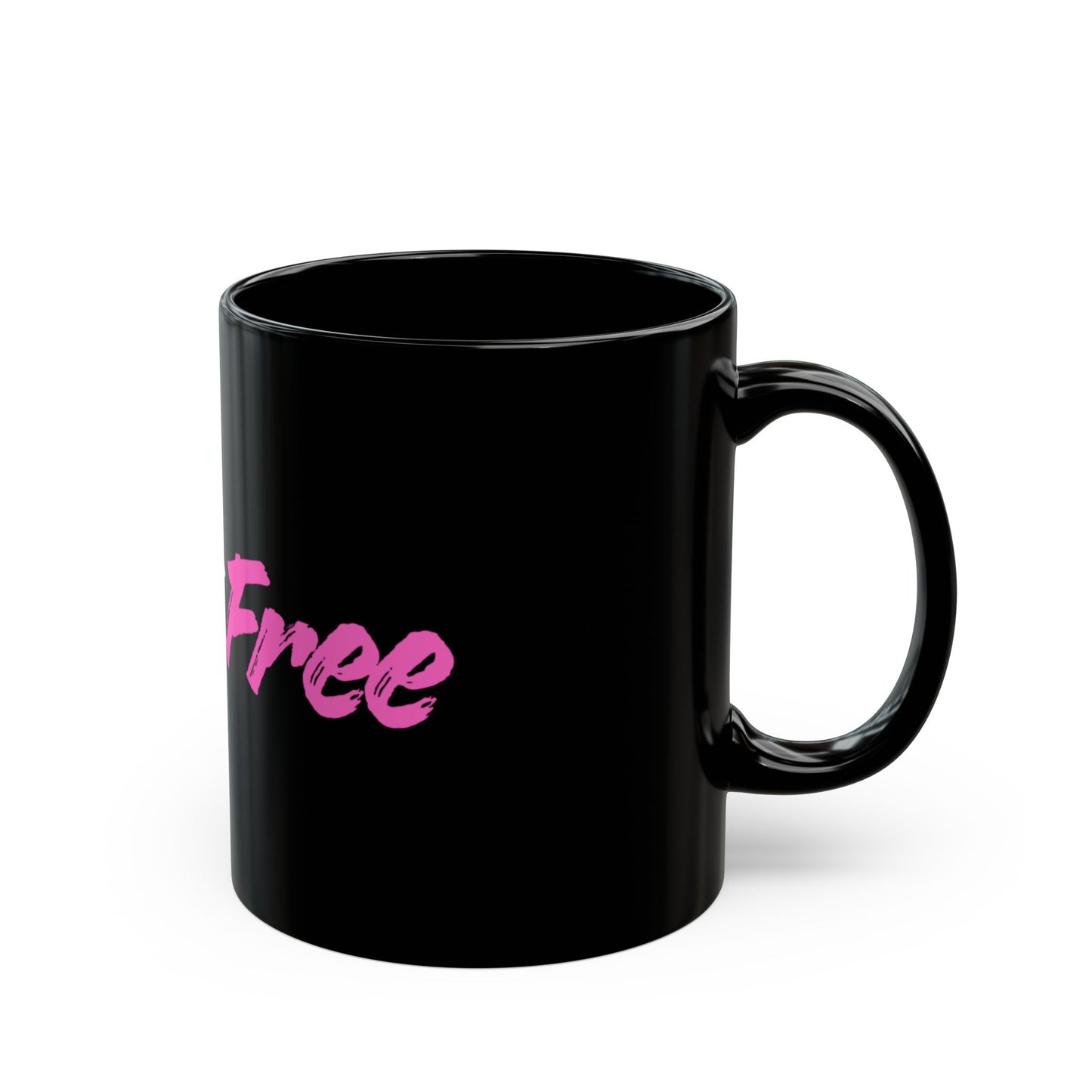 Care Free Black Mug — Retro Script Pink & White Design (11oz/15oz)