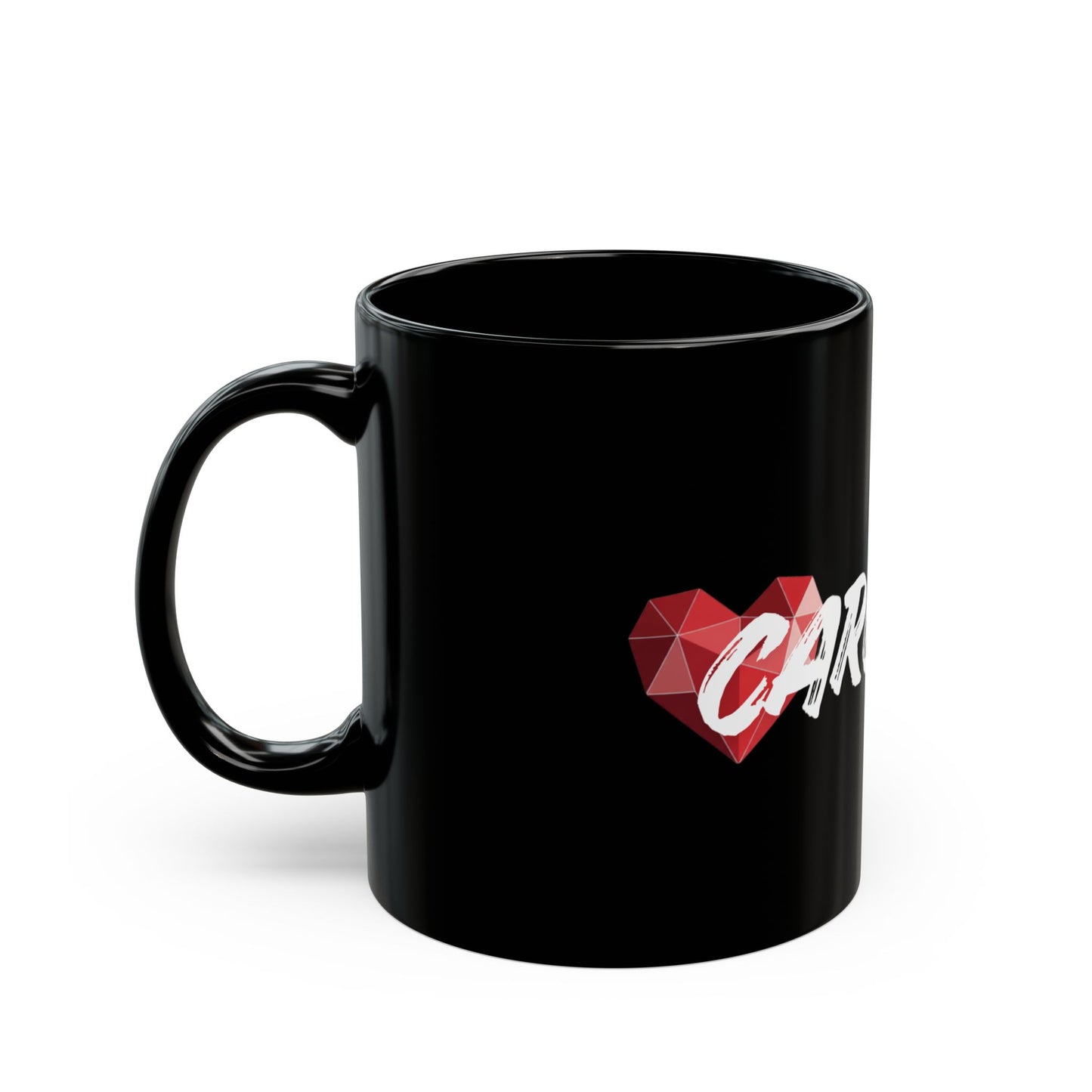Care Free Black Mug — Retro Script Pink & White Design (11oz/15oz)