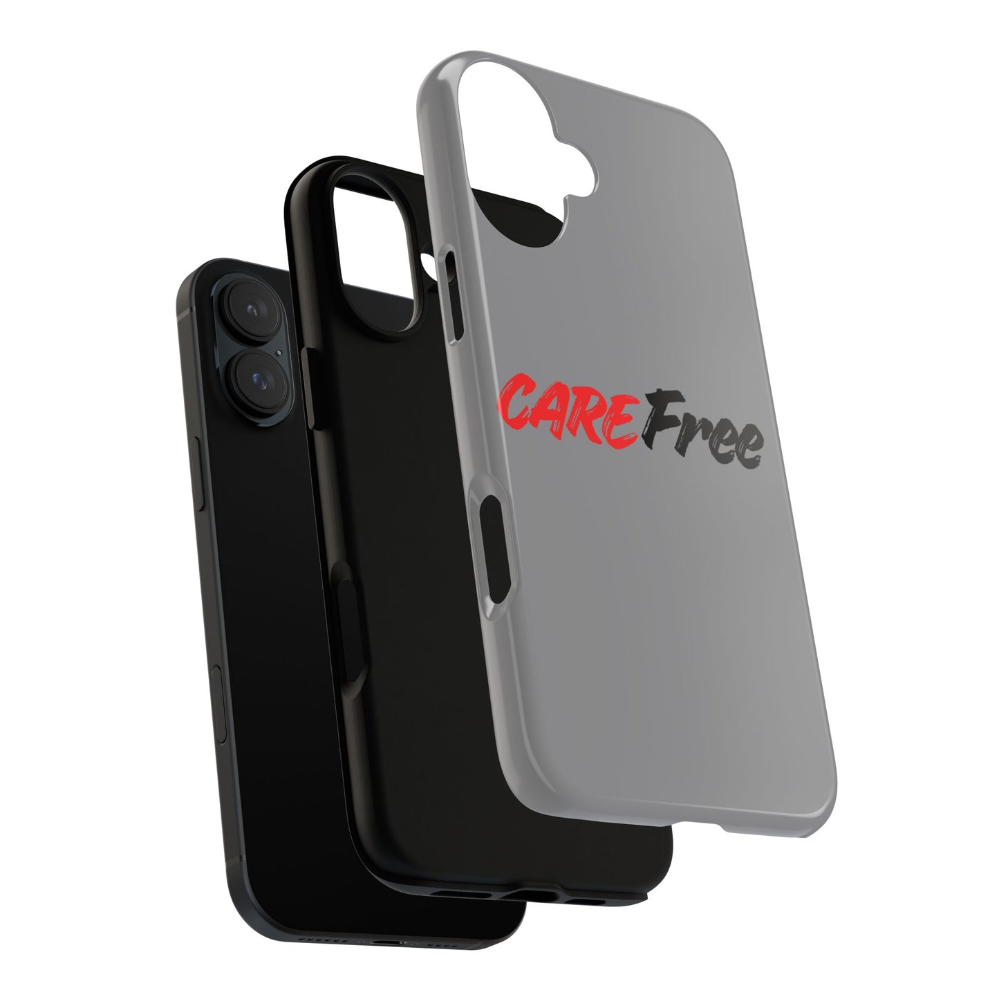 CareFree Tough Phone Case — Slim Protective iPhone Cover with Bold Red & Black Script
