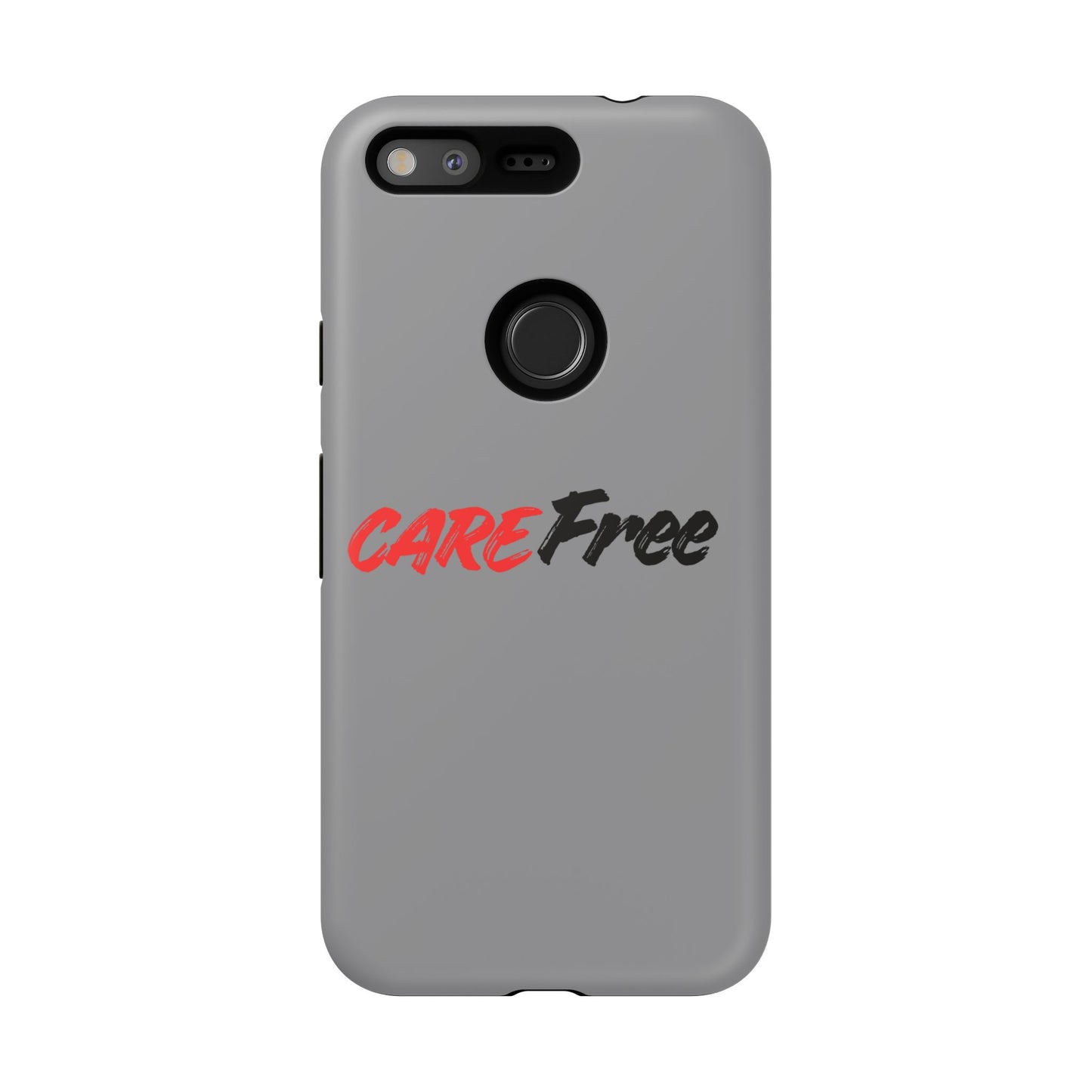 CareFree Tough Phone Case — Slim Protective iPhone Cover with Bold Red & Black Script
