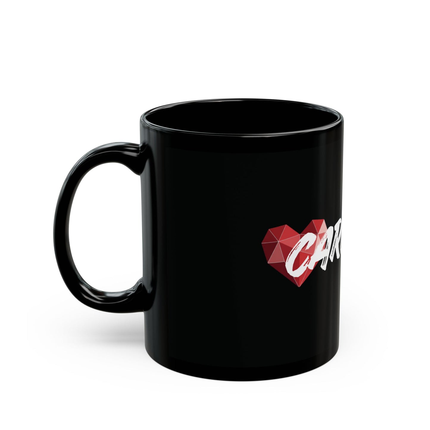Carefree Heart Black Mug — Bold Script Coffee Cup (11oz & 15oz)