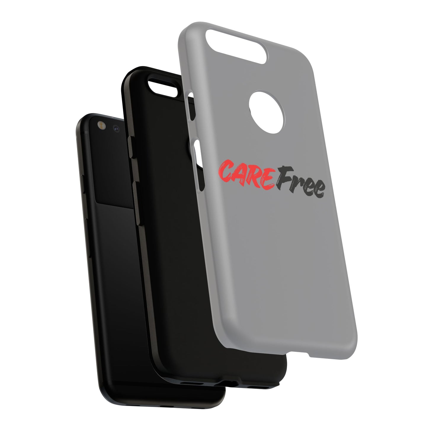 CareFree Tough Phone Case — Slim Protective iPhone Cover with Bold Red & Black Script