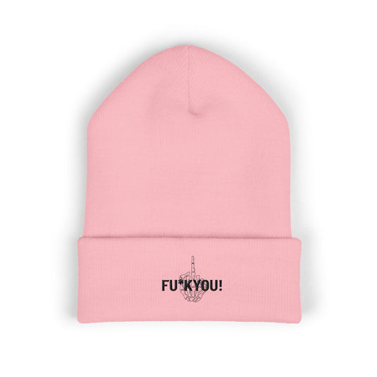 Embroidered 'FU* YOU' Cuffed Beanie — Classic Knit Winter Hat