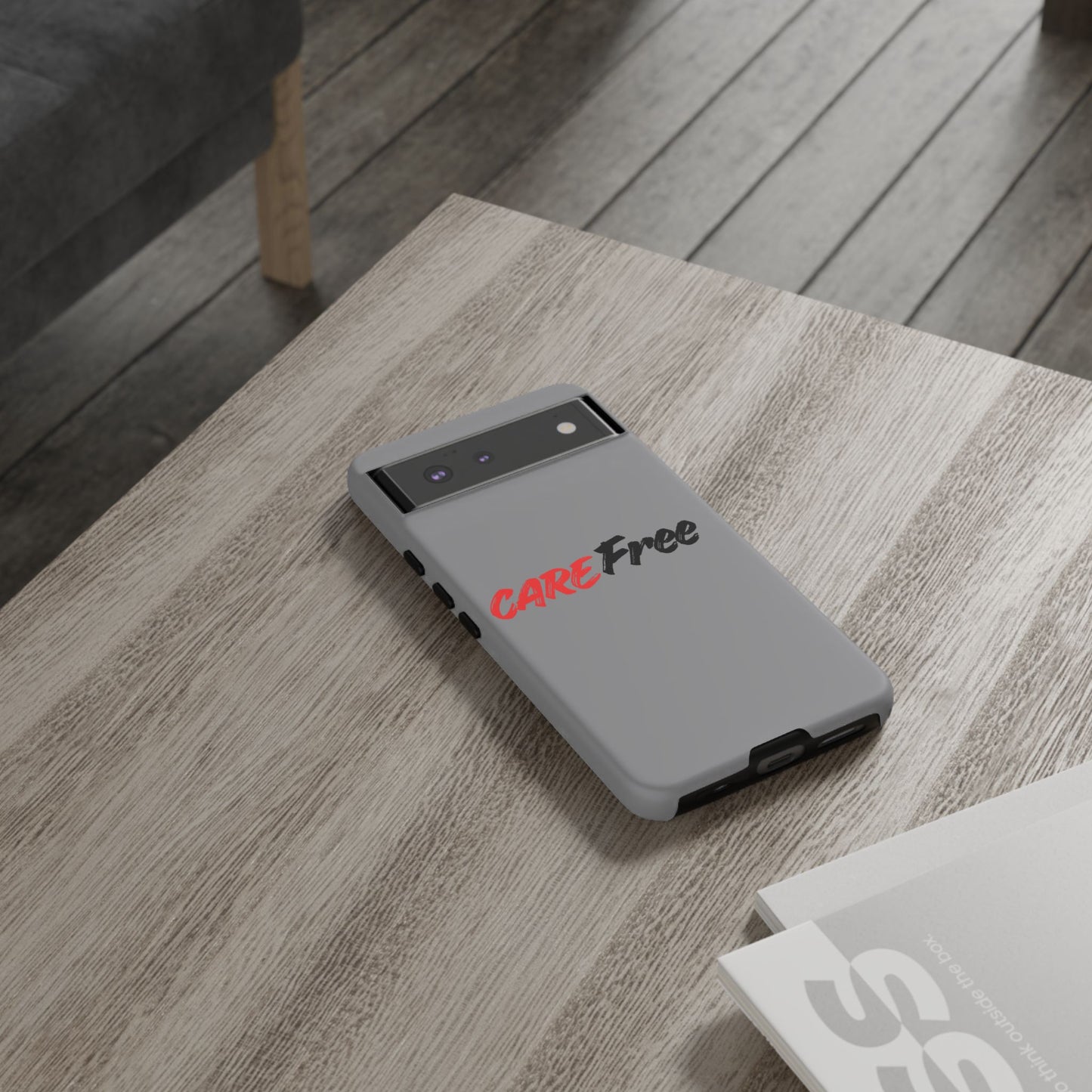 CareFree Tough Phone Case — Slim Protective iPhone Cover with Bold Red & Black Script