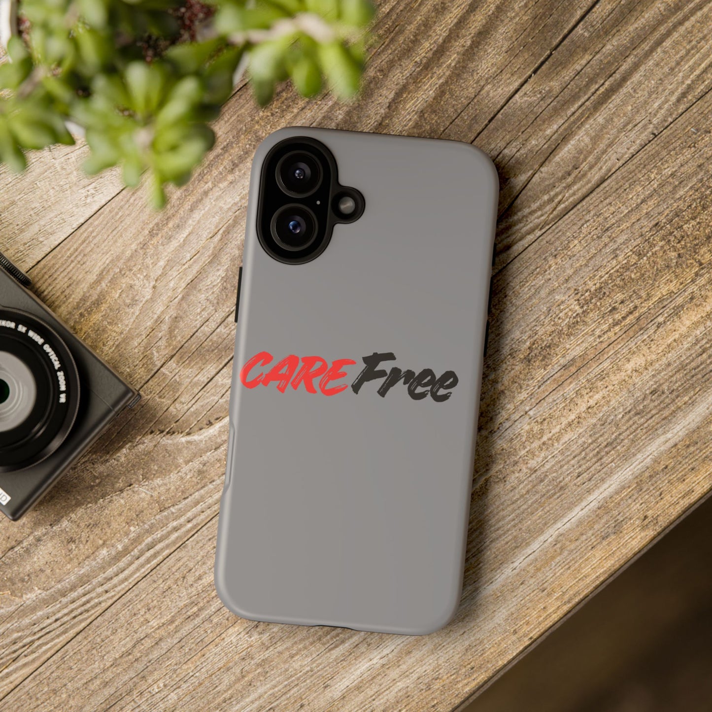 CareFree Tough Phone Case — Slim Protective iPhone Cover with Bold Red & Black Script