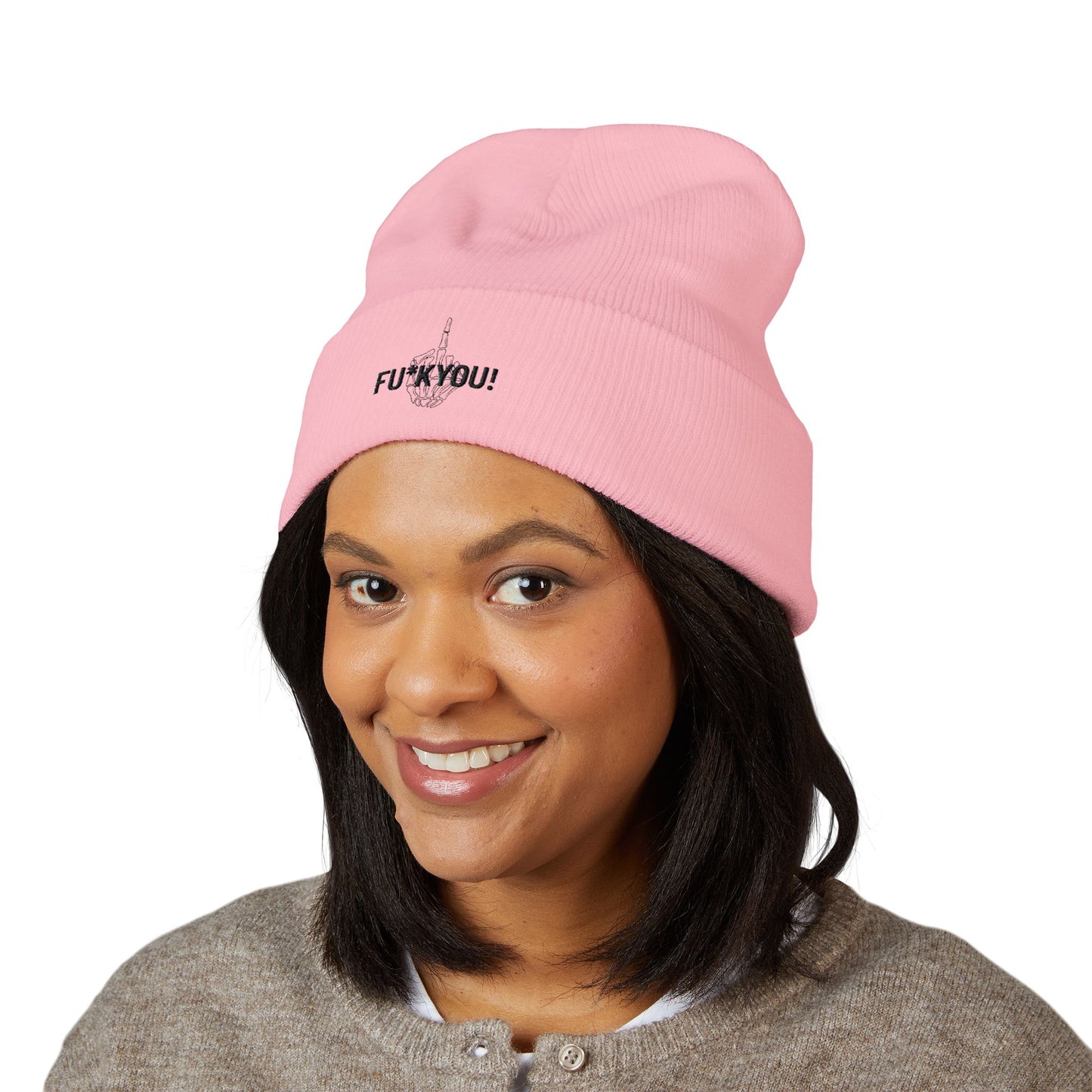 Embroidered 'FU* YOU' Cuffed Beanie — Classic Knit Winter Hat