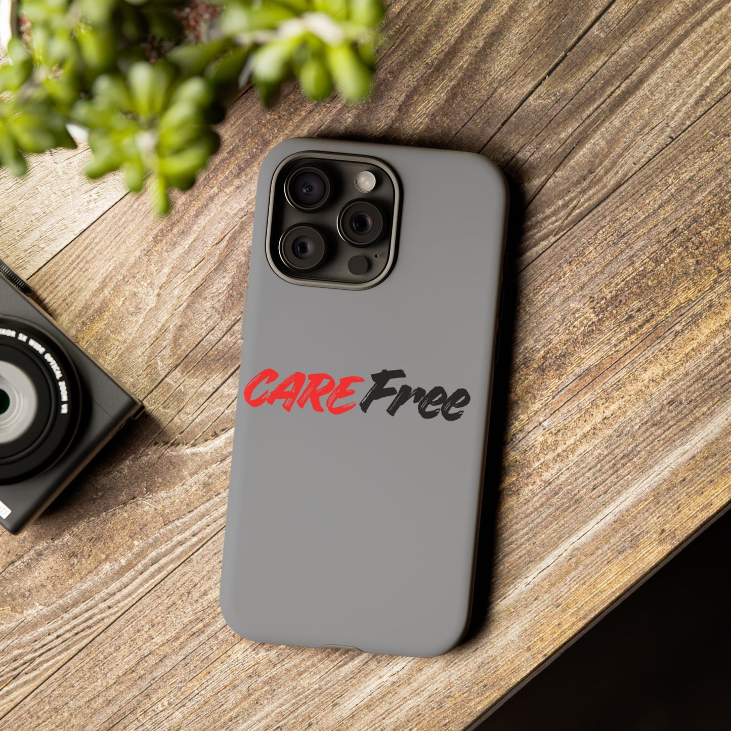 CareFree Tough Phone Case — Slim Protective iPhone Cover with Bold Red & Black Script