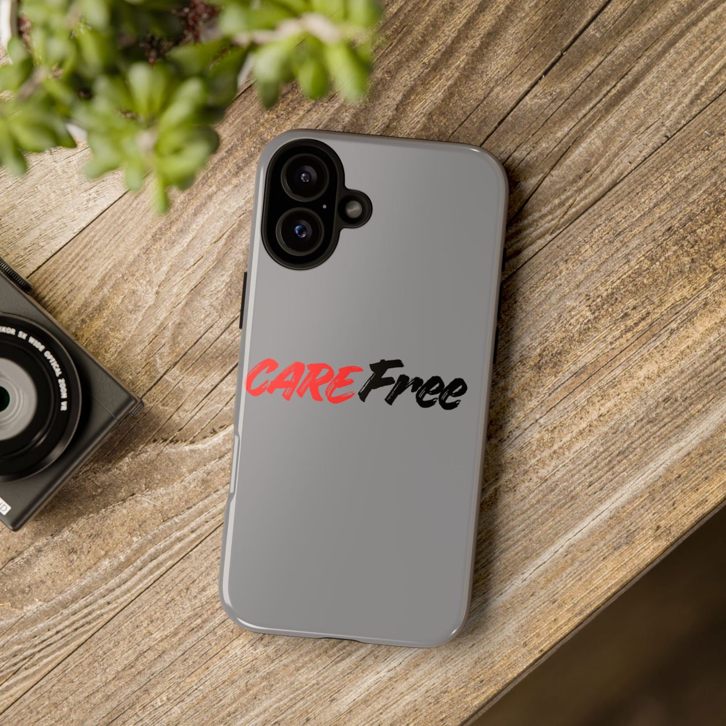 CareFree Tough Phone Case — Slim Protective iPhone Cover with Bold Red & Black Script