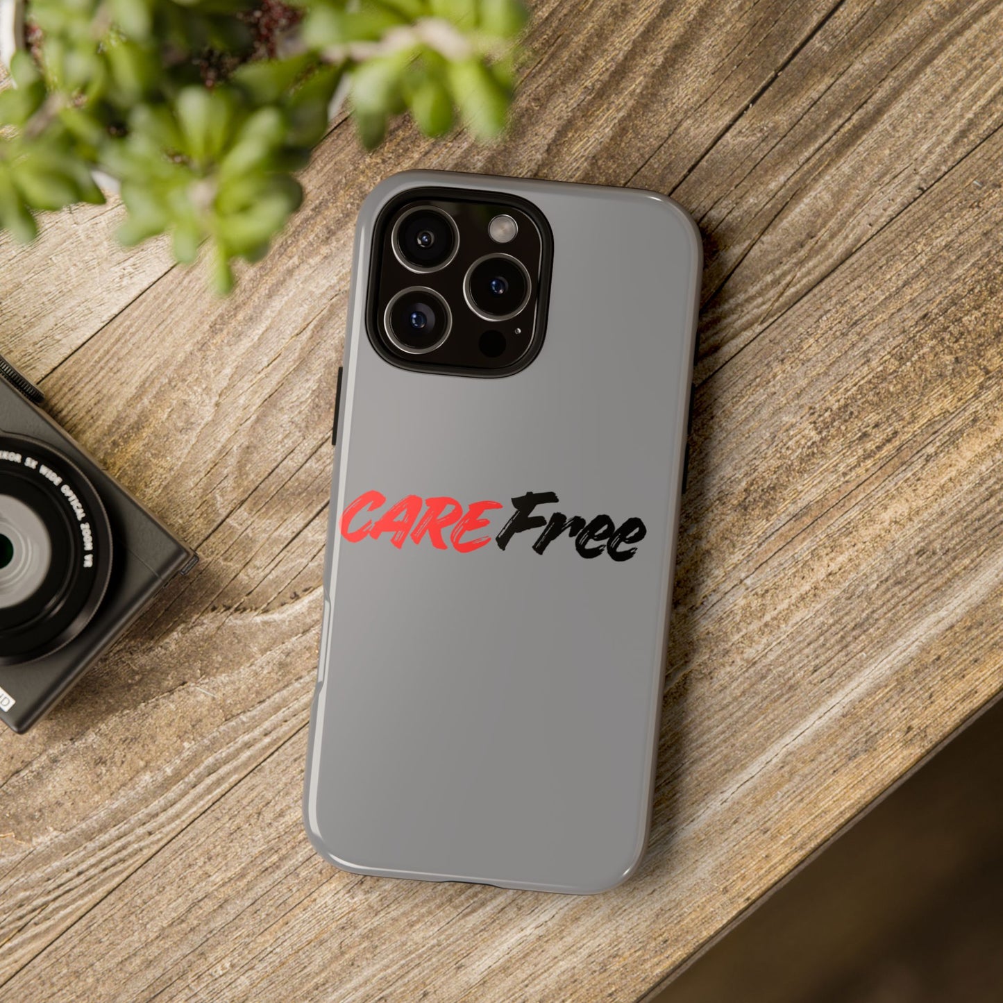 CareFree Tough Phone Case — Slim Protective iPhone Cover with Bold Red & Black Script