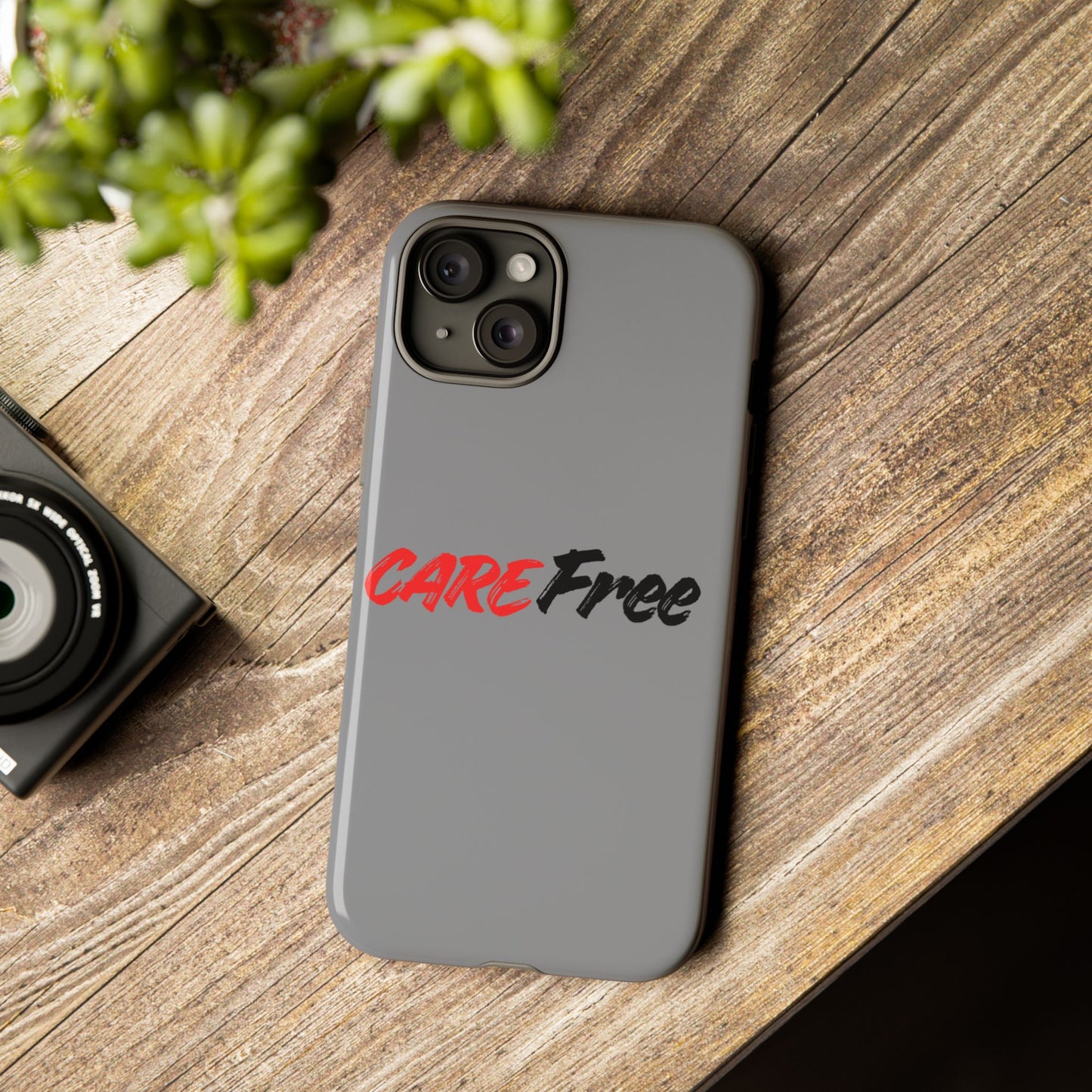 CareFree Tough Phone Case — Slim Protective iPhone Cover with Bold Red & Black Script