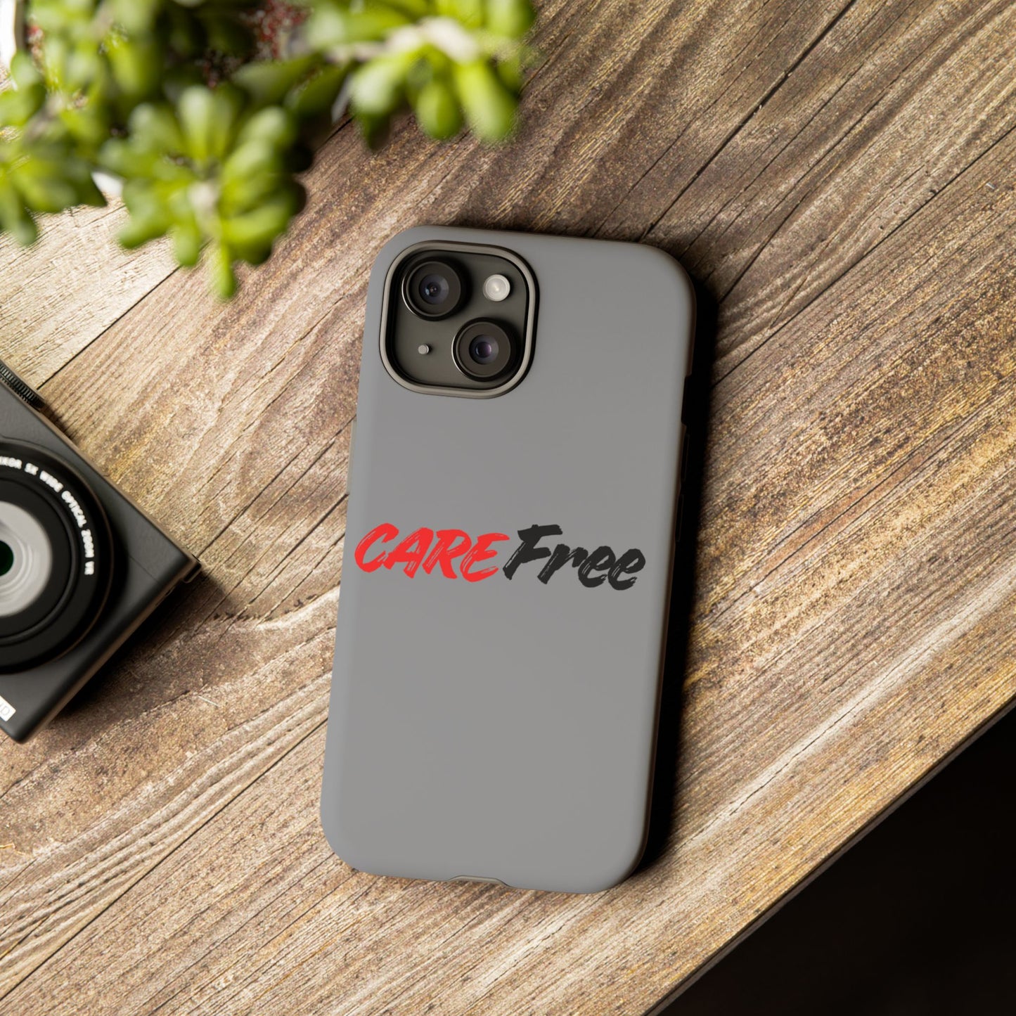 CareFree Tough Phone Case — Slim Protective iPhone Cover with Bold Red & Black Script