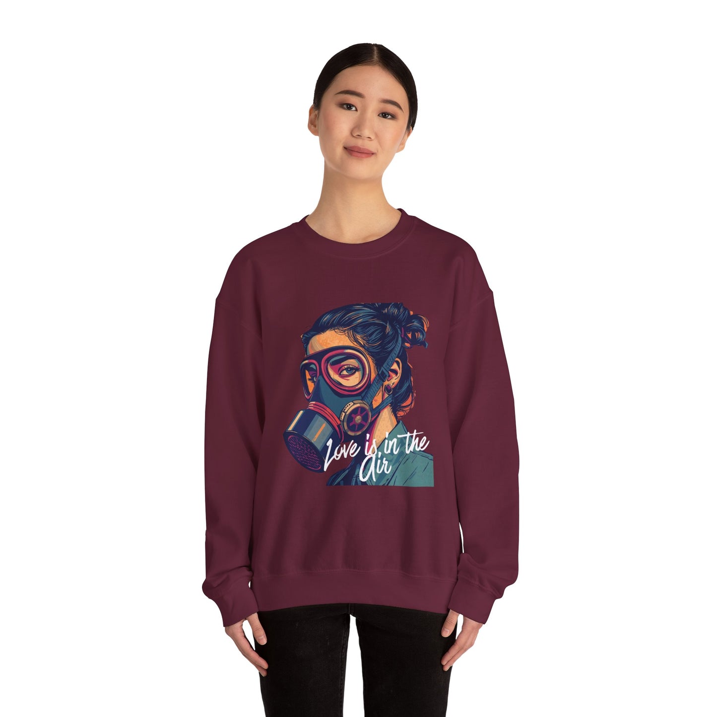 Gas Mask Portrait Sweatshirt — "Love Is in the Air" Graphic