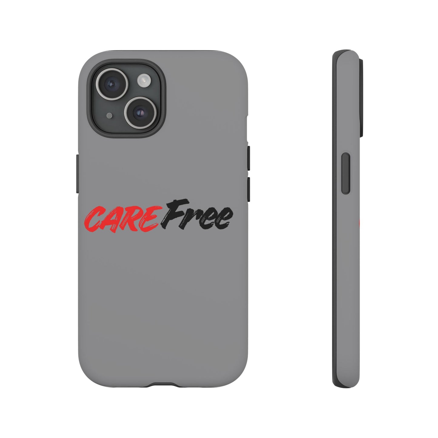 CareFree Tough Phone Case — Slim Protective iPhone Cover with Bold Red & Black Script