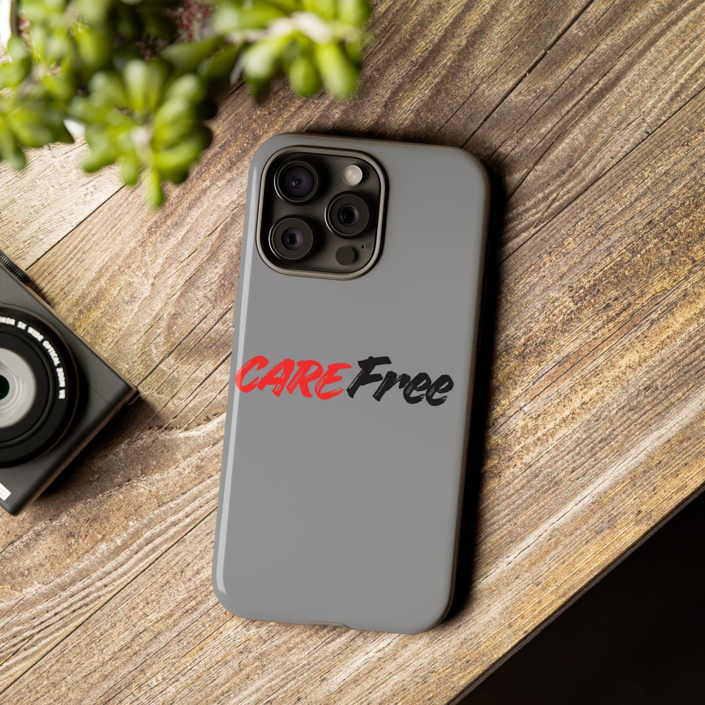 CareFree Tough Phone Case — Slim Protective iPhone Cover with Bold Red & Black Script