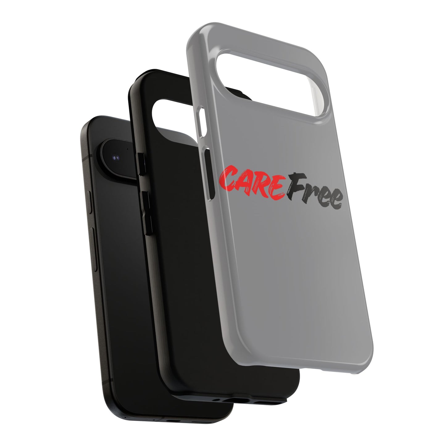 CareFree Tough Phone Case — Slim Protective iPhone Cover with Bold Red & Black Script