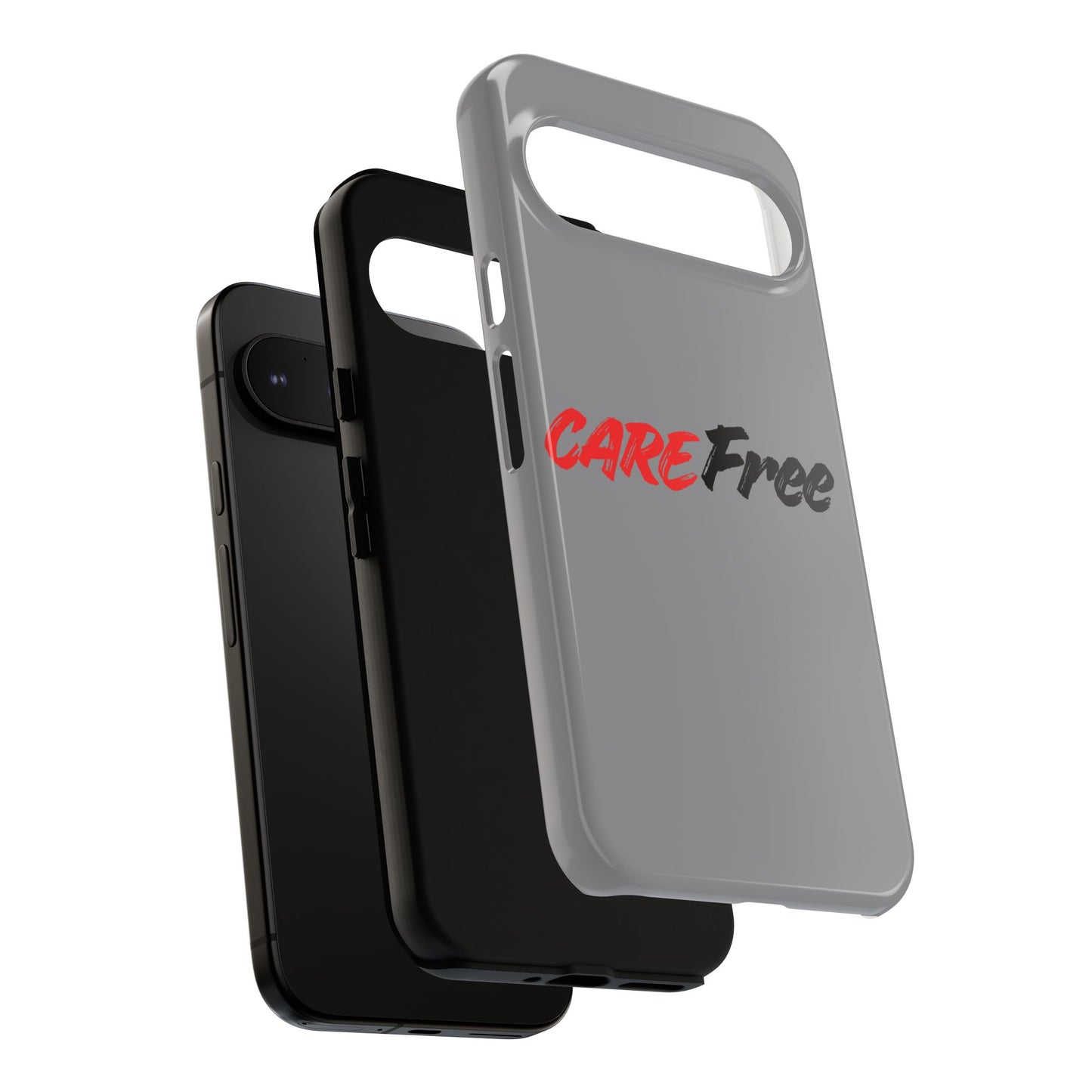 CareFree Tough Phone Case — Slim Protective iPhone Cover with Bold Red & Black Script