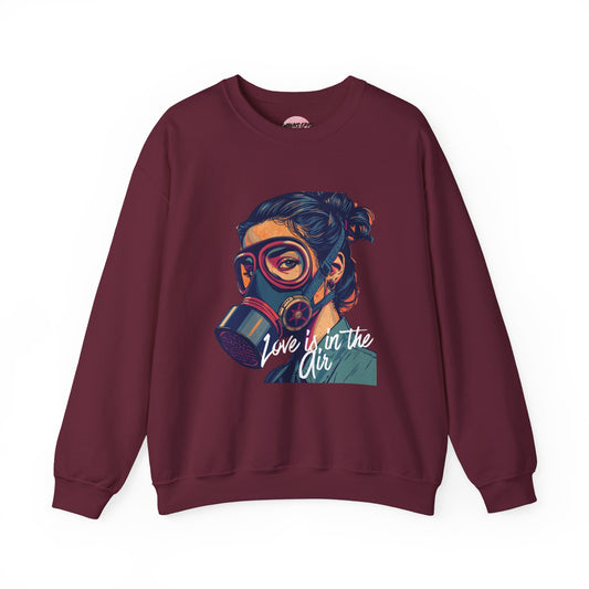 Gas Mask Portrait Sweatshirt — "Love Is in the Air" Graphic