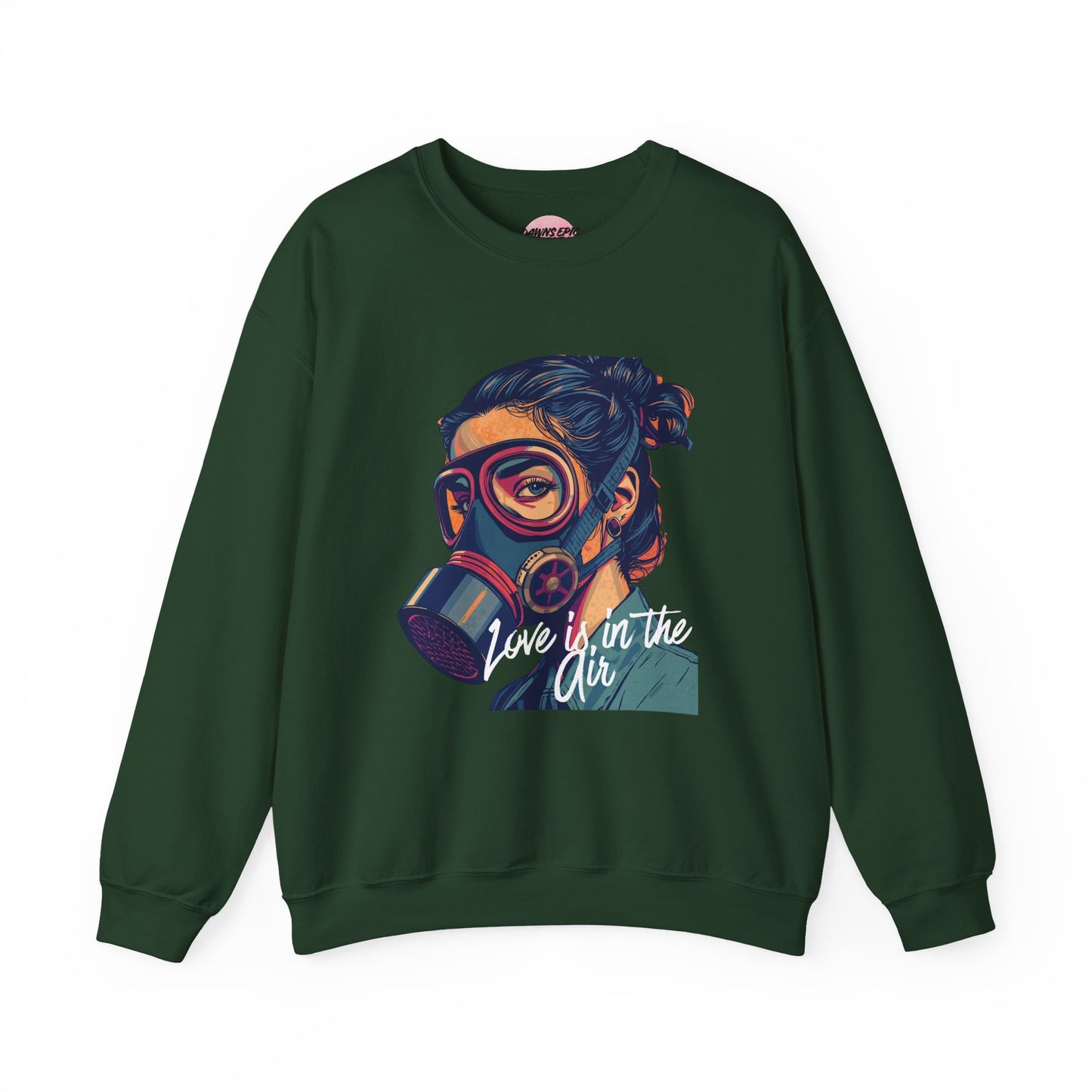Gas Mask Portrait Sweatshirt — "Love Is in the Air" Graphic