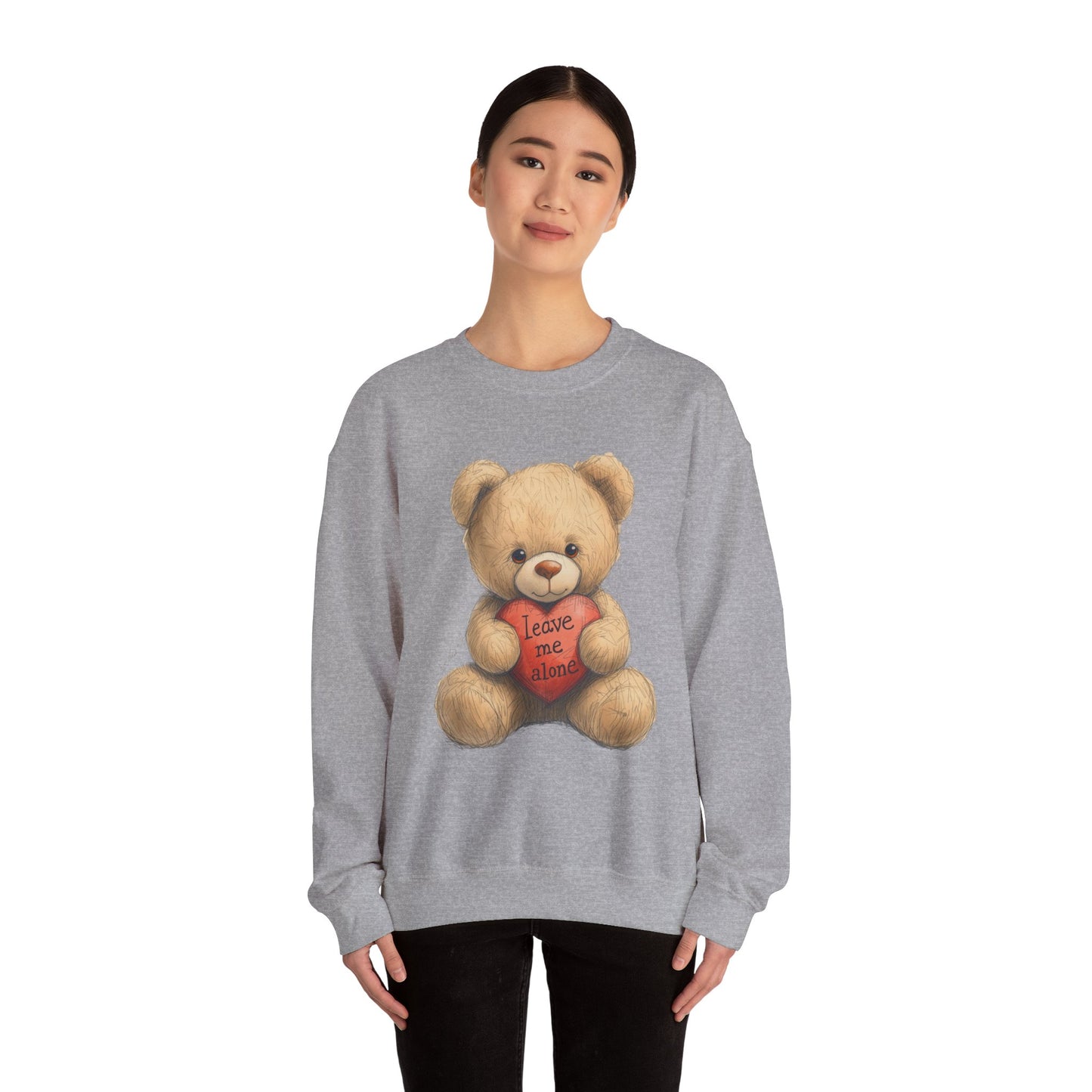 Crewneck Sweatshirt — Retro Teddy Holding 'Leave Me Alone' Heart