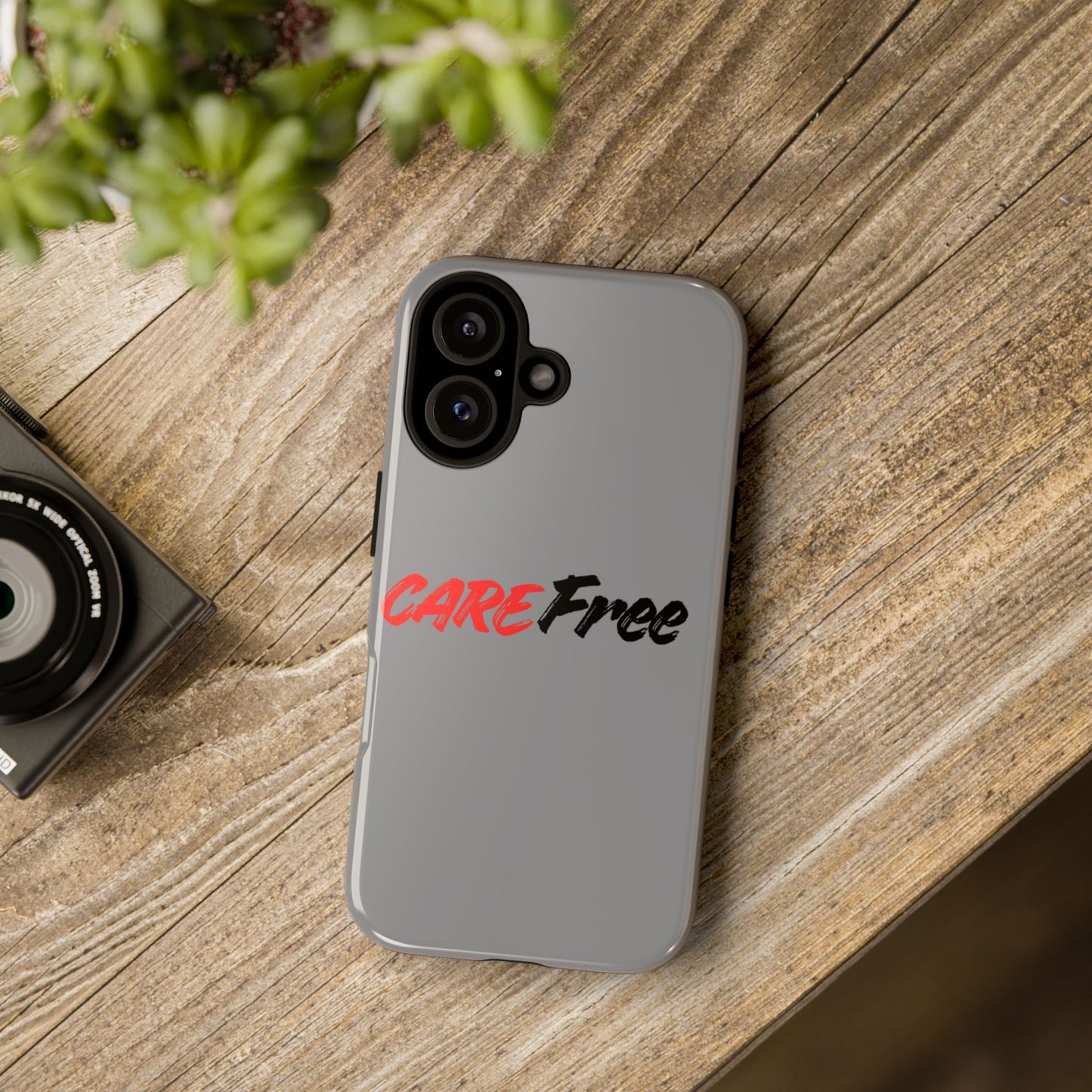 CareFree Tough Phone Case — Slim Protective iPhone Cover with Bold Red & Black Script
