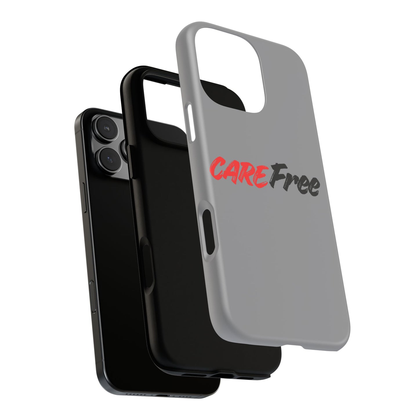 CareFree Tough Phone Case — Slim Protective iPhone Cover with Bold Red & Black Script
