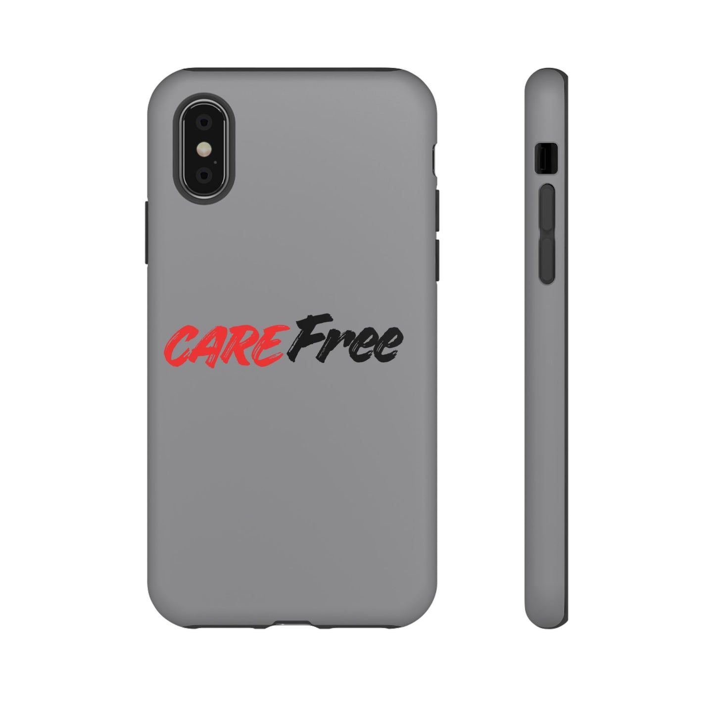 CareFree Tough Phone Case — Slim Protective iPhone Cover with Bold Red & Black Script
