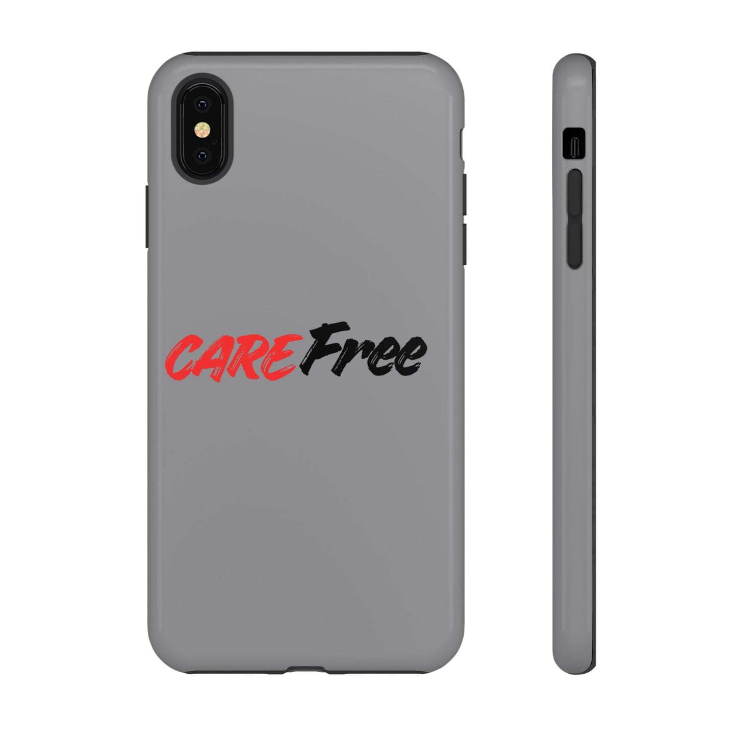 CareFree Tough Phone Case — Slim Protective iPhone Cover with Bold Red & Black Script